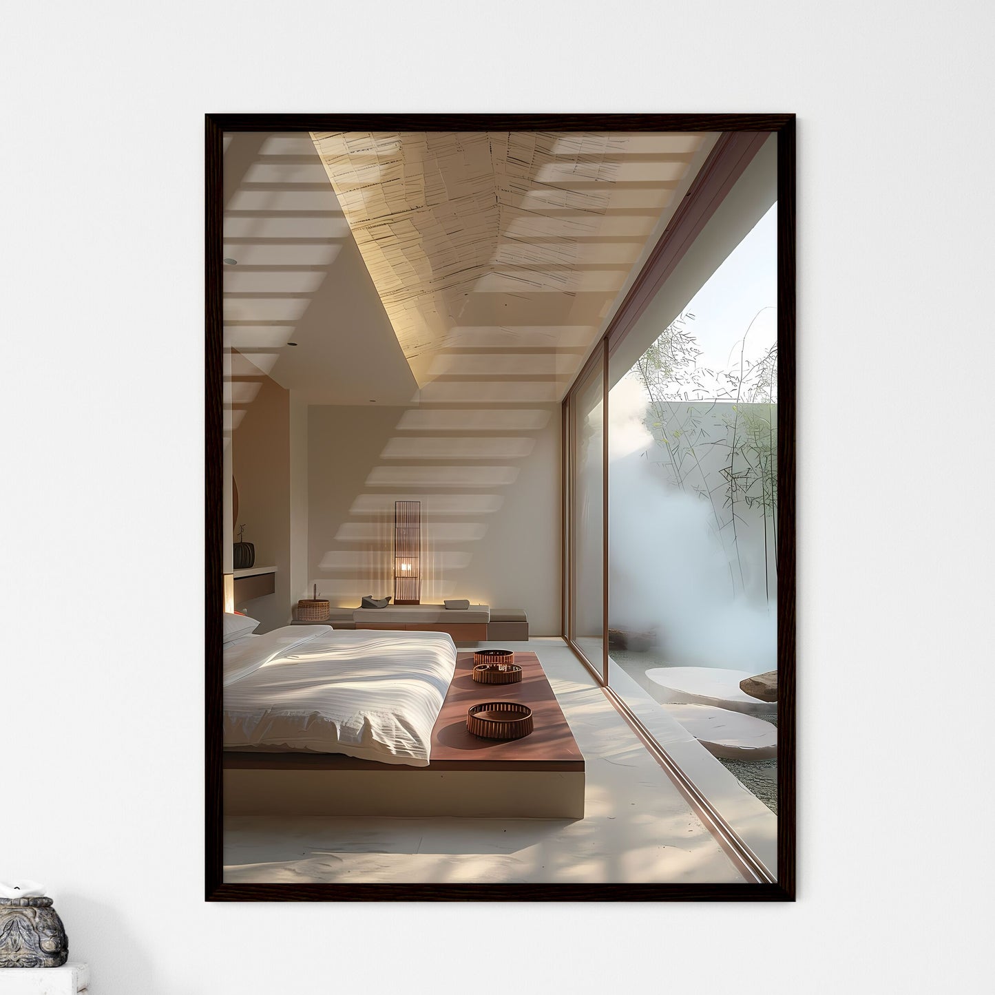 Modern B&B guest room with large window, vibrant painting, minimalist decor, white walls, undulating green grassy ground, stones, trees, white smoke, gray ground, sunlight projected through bamboo Default Title