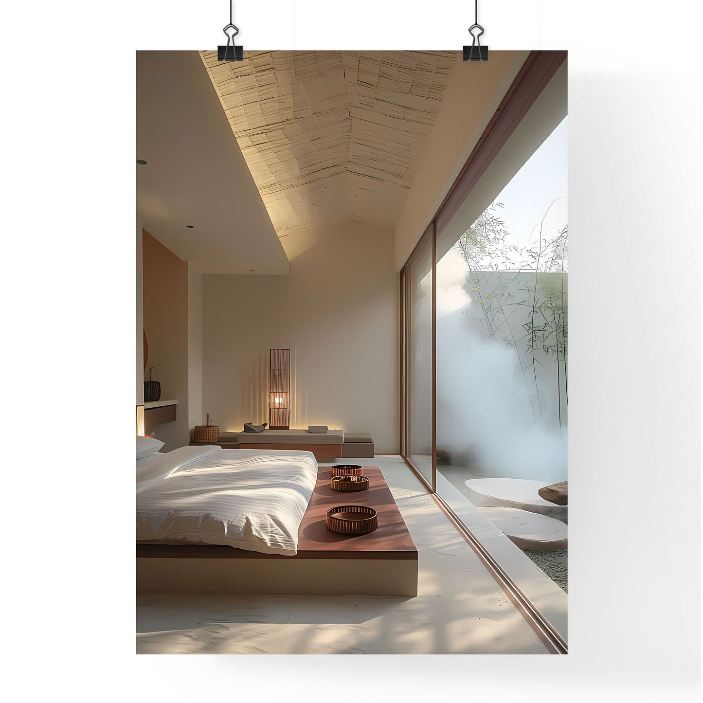 Modern B&B guest room with large window, vibrant painting, minimalist decor, white walls, undulating green grassy ground, stones, trees, white smoke, gray ground, sunlight projected through bamboo Default Title
