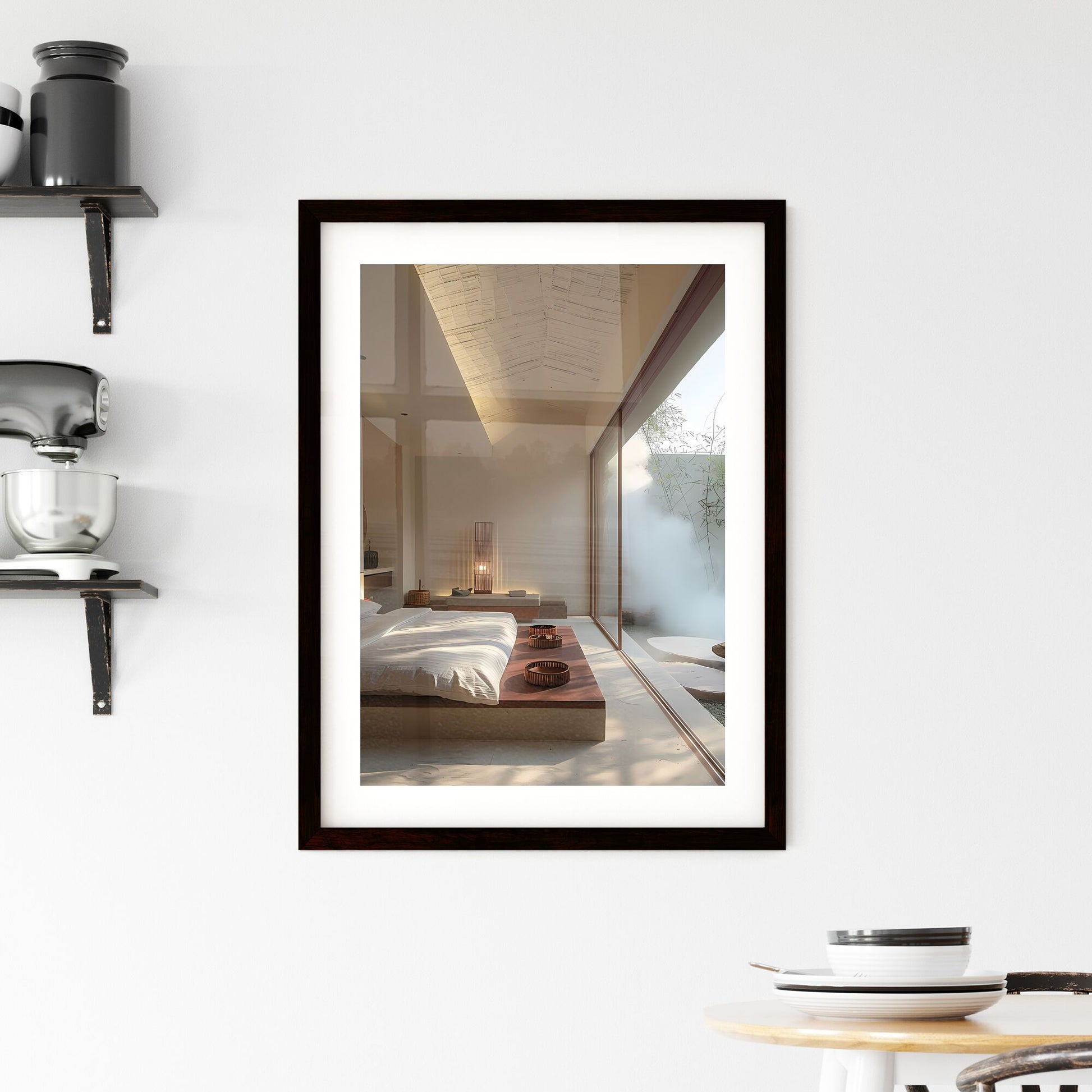 Modern B&B guest room with large window, vibrant painting, minimalist decor, white walls, undulating green grassy ground, stones, trees, white smoke, gray ground, sunlight projected through bamboo Default Title