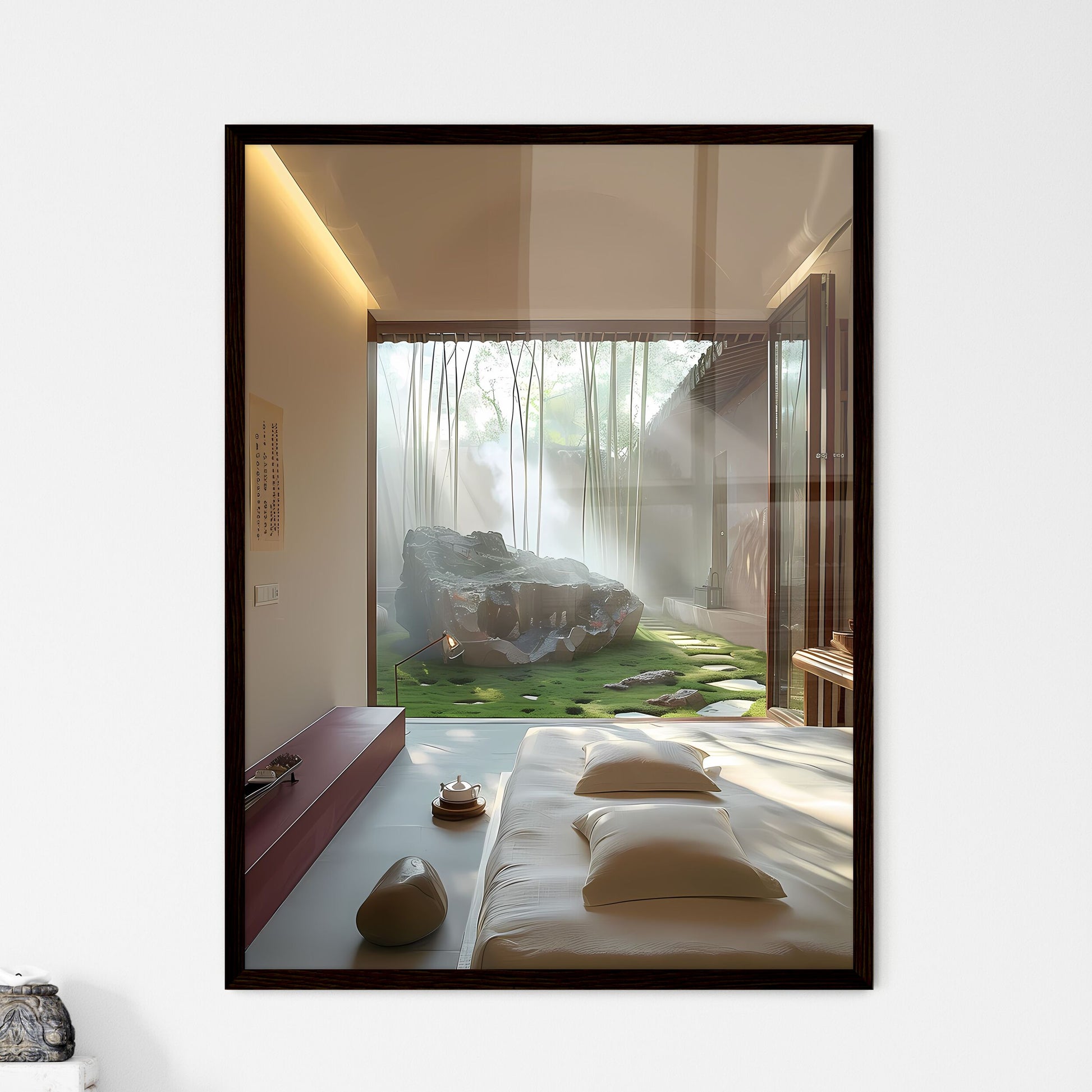 Minimalist Guest Room with Green Landscape, Bamboo, and Vibrant Painting Default Title