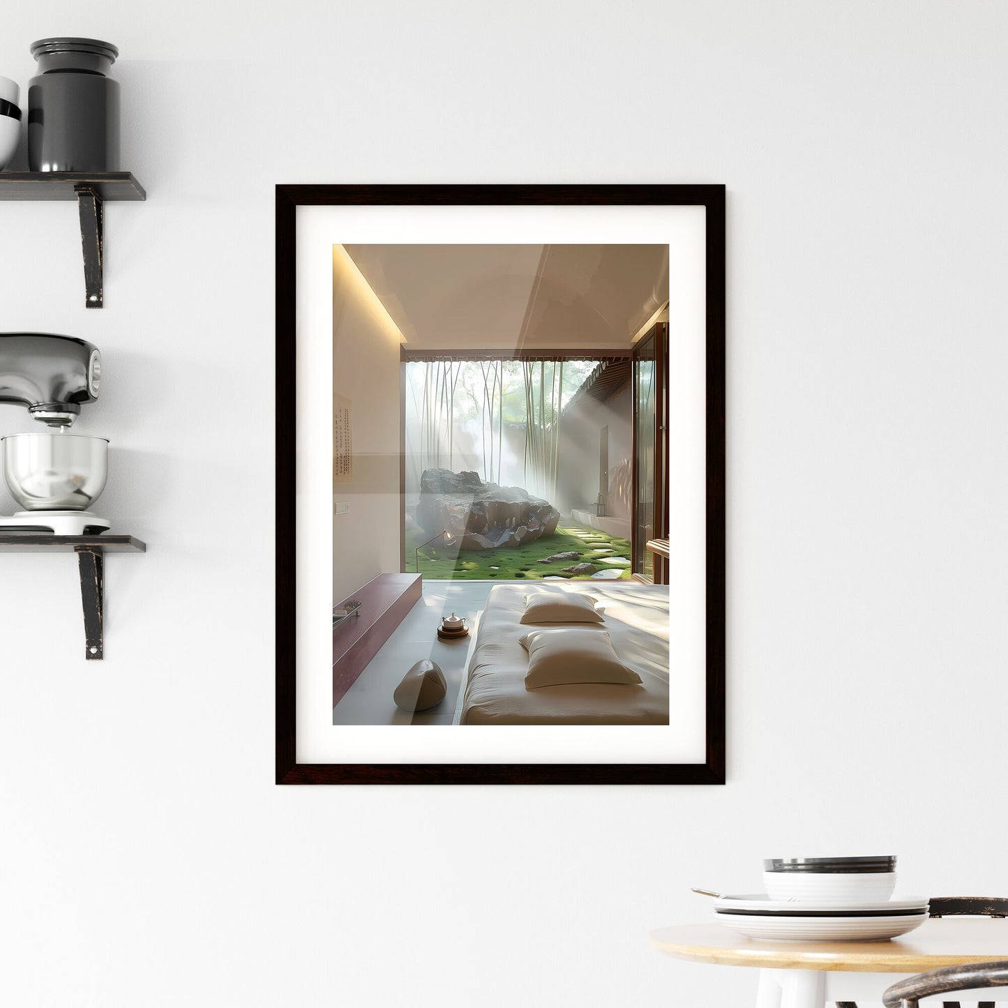 Minimalist Guest Room with Green Landscape, Bamboo, and Vibrant Painting Default Title
