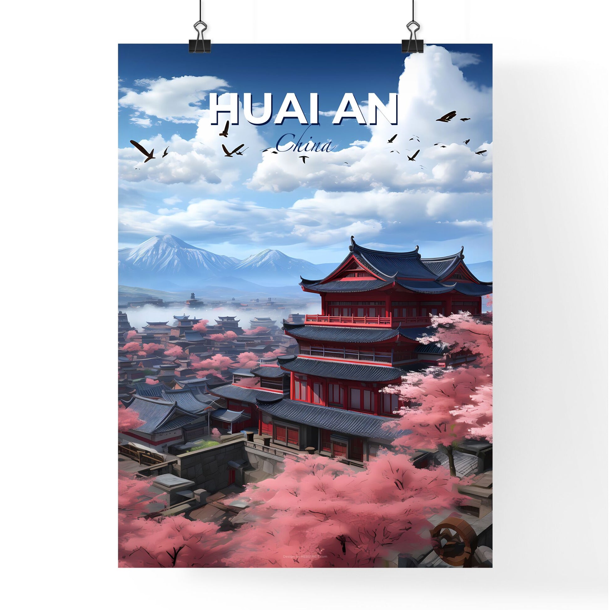 Huai An China Skyline Panorama Chinese Traditional Culture Cherry Blossom Flower Painting Art Default Title