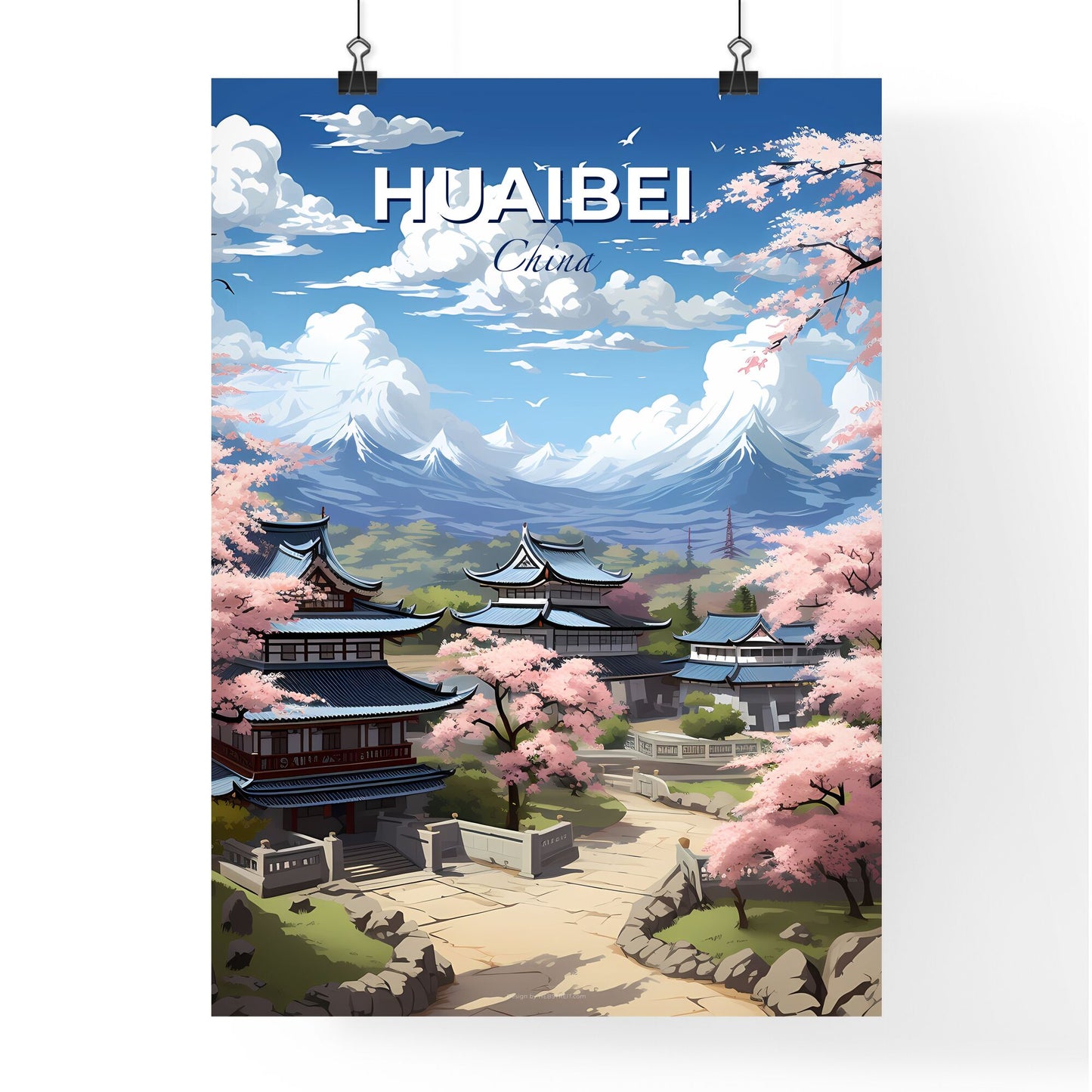 Impressionist Chinese Village Huaibei Skyline Canvas Art Print, Japanese Cherry Blossoms, Asian Landscape Painting Default Title