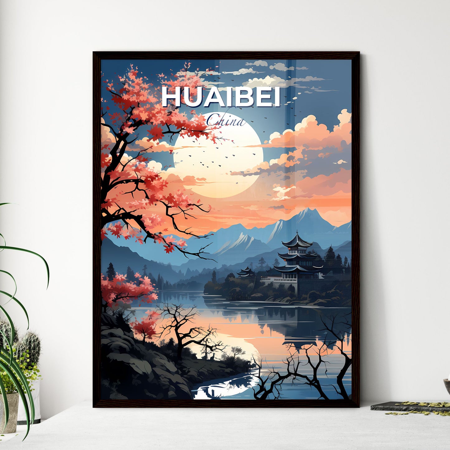 Vibrant Painting of Huaibei China Skyline with Pagoda and Lake under Full Moon Default Title