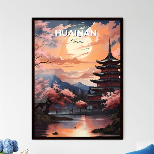 Huainan China Skyline Painting: Pagoda and Pink Blossoms by the Lake Default Title