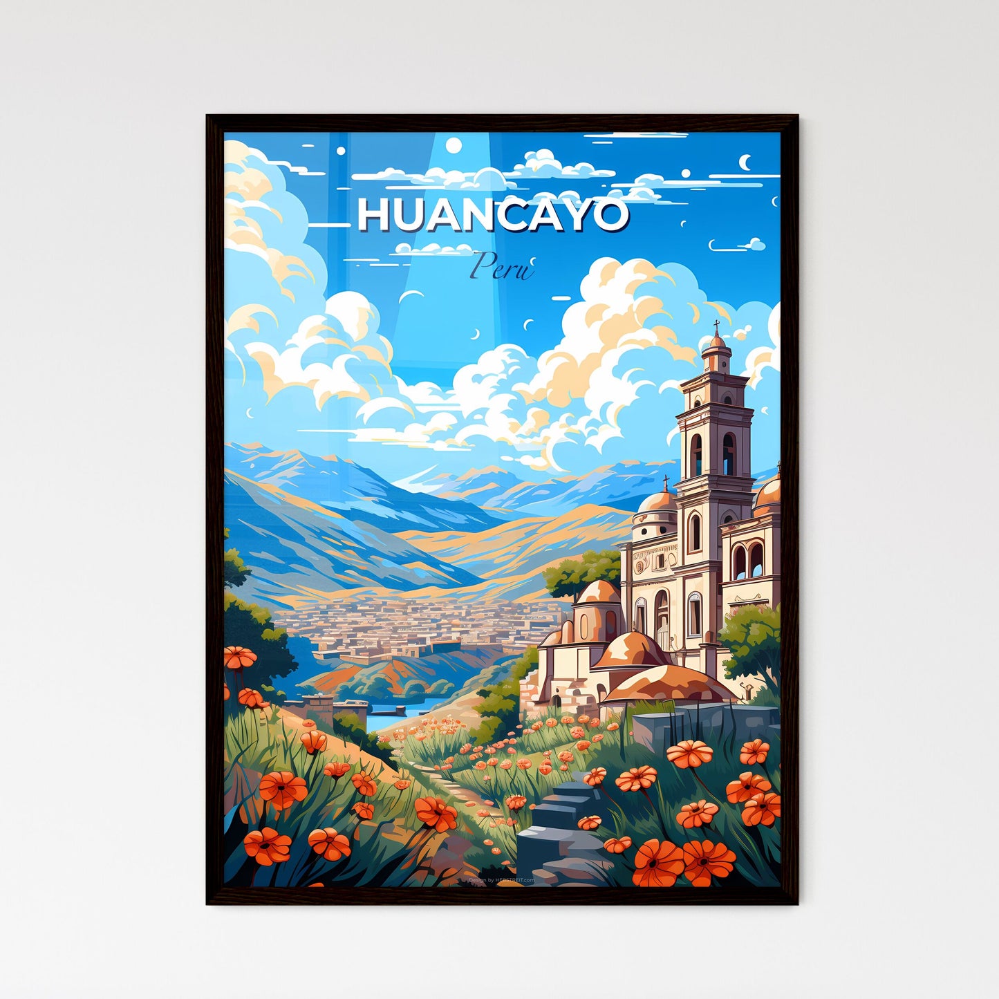 Huancayo, Peru Cityscape, Building with a Tower, Flowers, Art, Painting, Valley, Vibrant Default Title