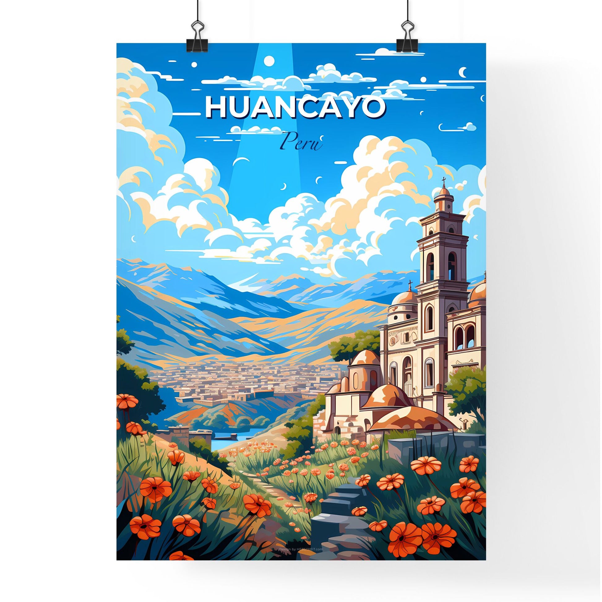 Huancayo, Peru Cityscape, Building with a Tower, Flowers, Art, Painting, Valley, Vibrant Default Title