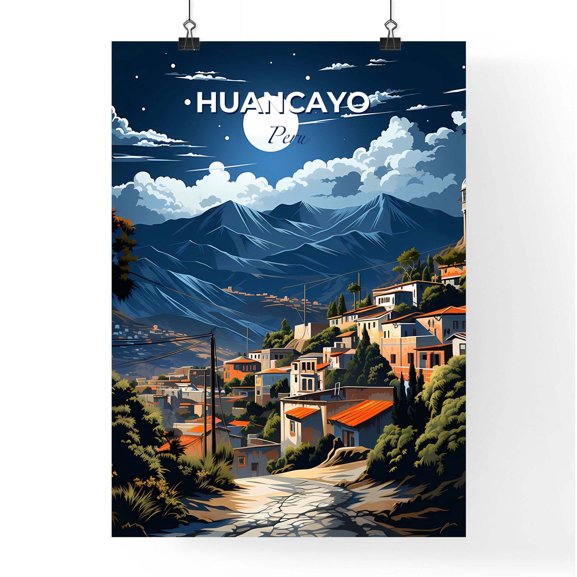 Vibrant Painting: Colorful Huancayo Peru Town Skyline with Tree and Mountain Landscape Default Title