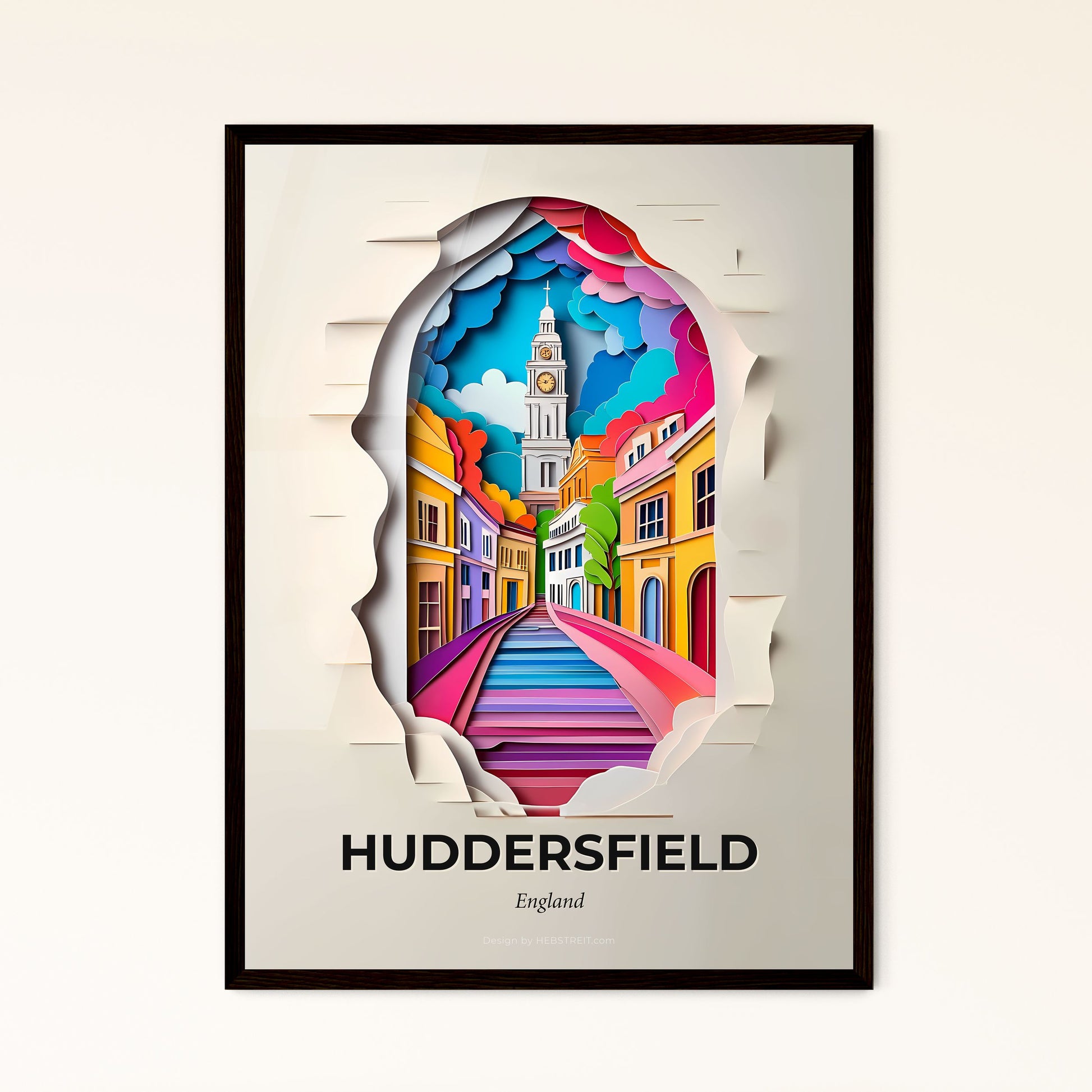 Vivid Huddersfield, England - a paper cut of a city with a clock tower