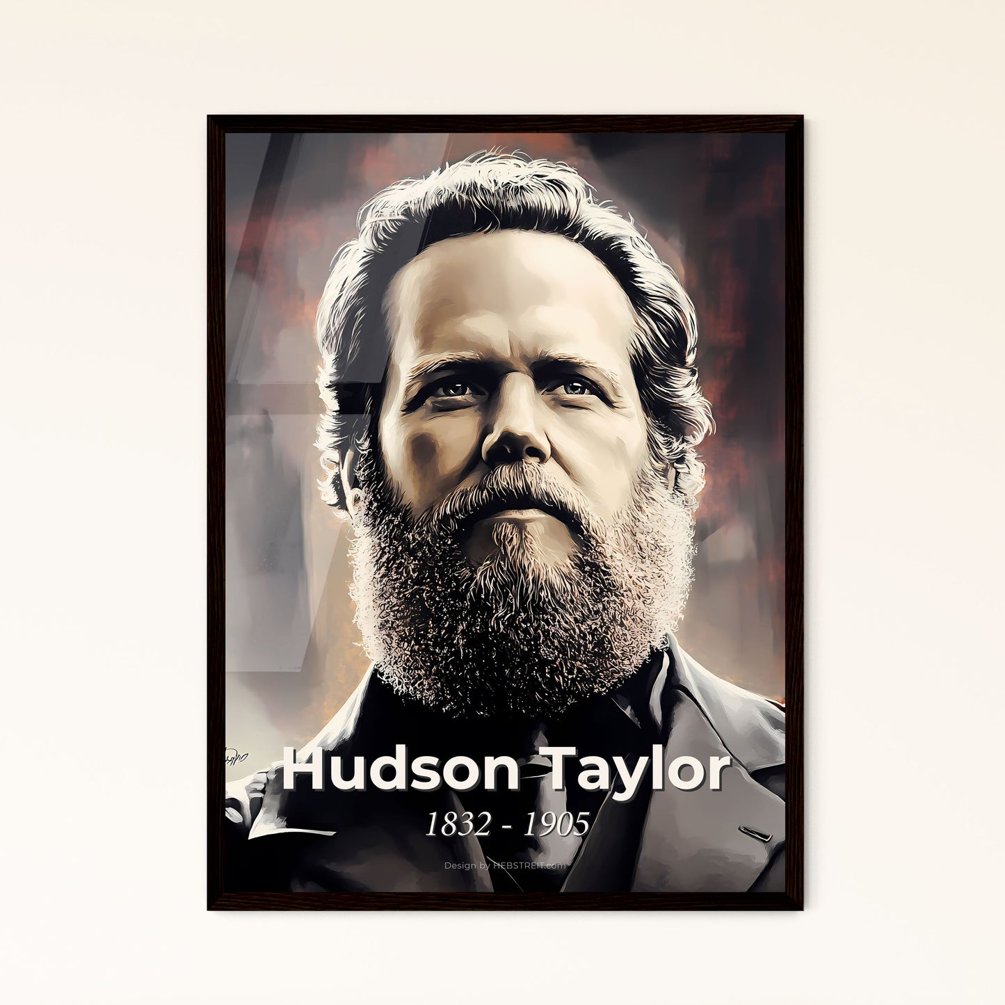 Portrait of Hudson Taylor, 1832 - 1905. Impressionistic painting of a man with a beard.