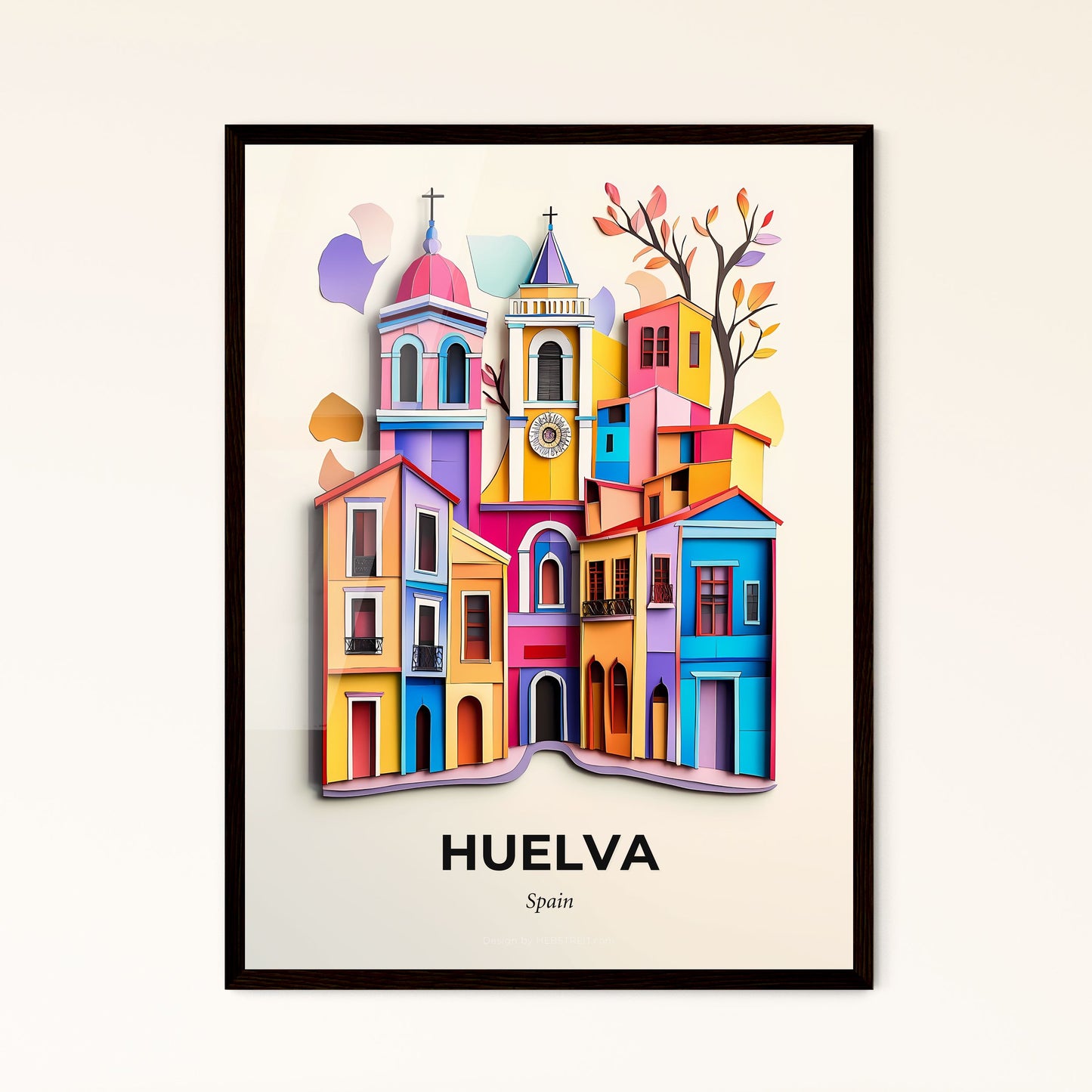 Vivid Huelva, Spain - a colorful city with a clock tower and a tree