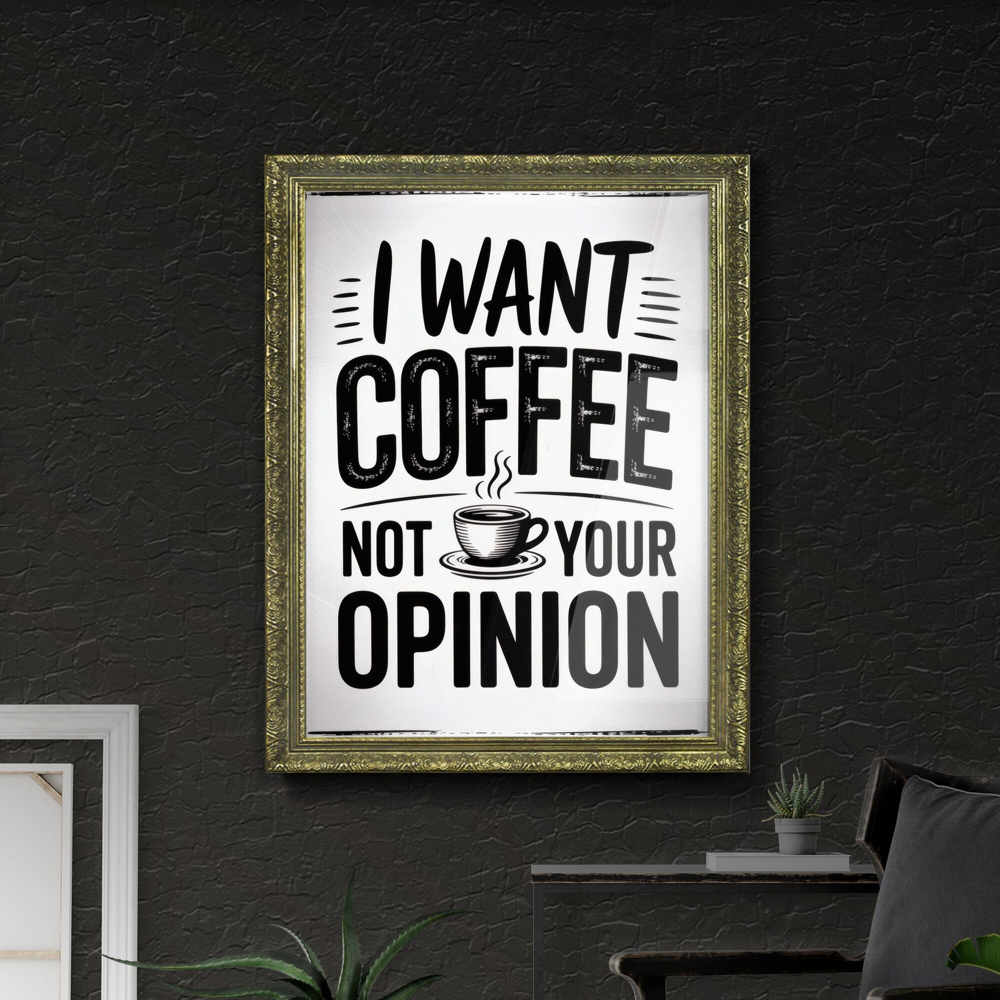 Humorous Coffee Quote: Prioritizing Coffee Over Opinions in a Charming Design