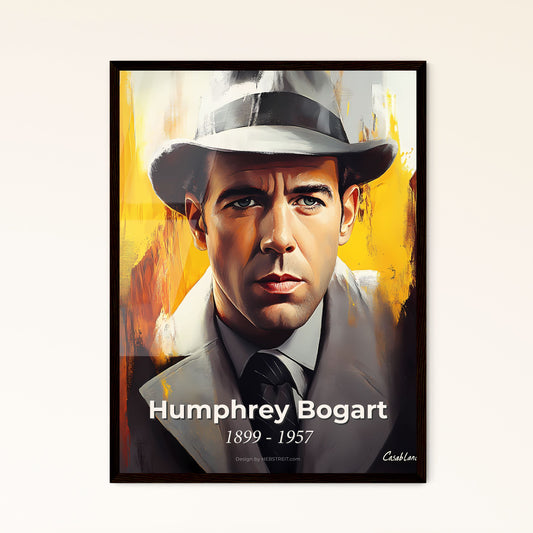 Portrait of Humphrey Bogart, 1899 - 1957. Impressionistic painting of a man in a hat.