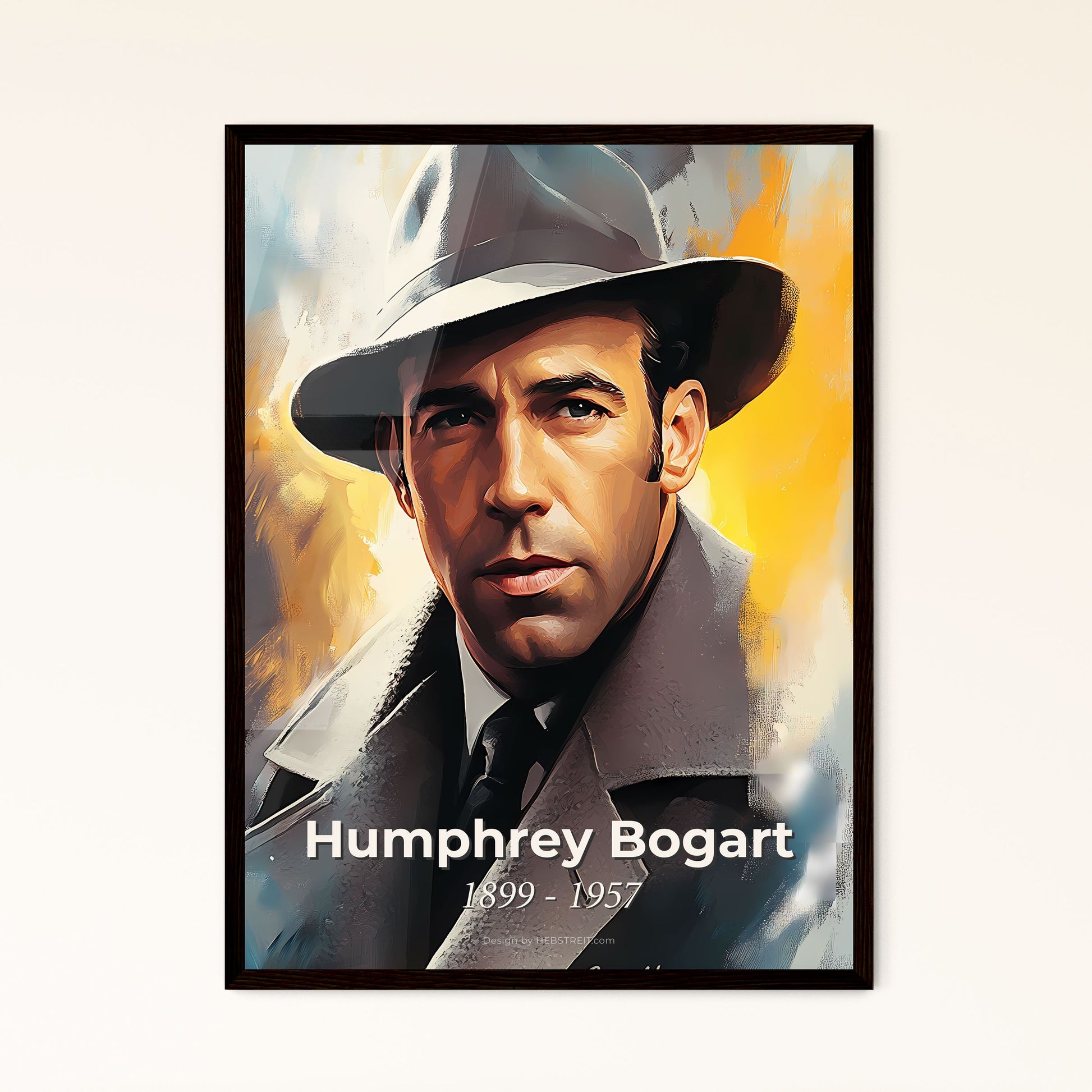 Portrait of Humphrey Bogart, 1899 - 1957. Impressionistic painting of a man in a hat.