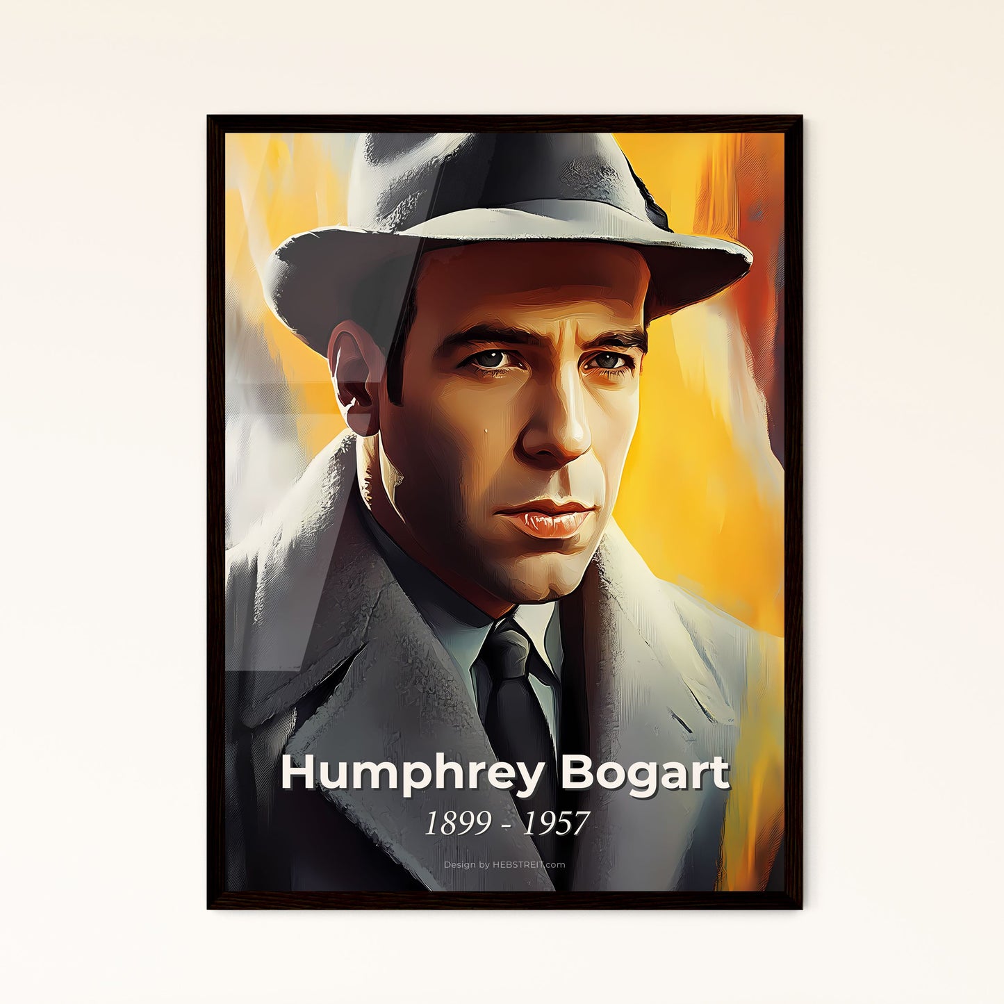 Portrait of Humphrey Bogart, 1899 - 1957. Impressionistic painting of a man in a hat and coat.