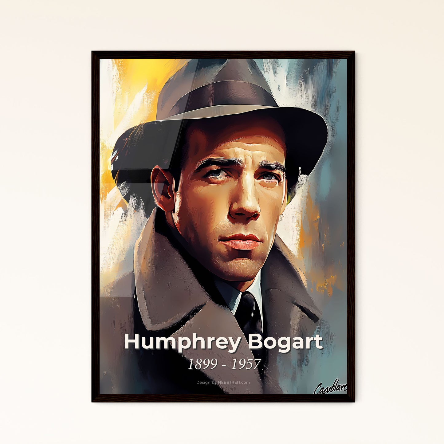 Portrait of Humphrey Bogart, 1899 - 1957. Impressionistic painting of a man in a hat.