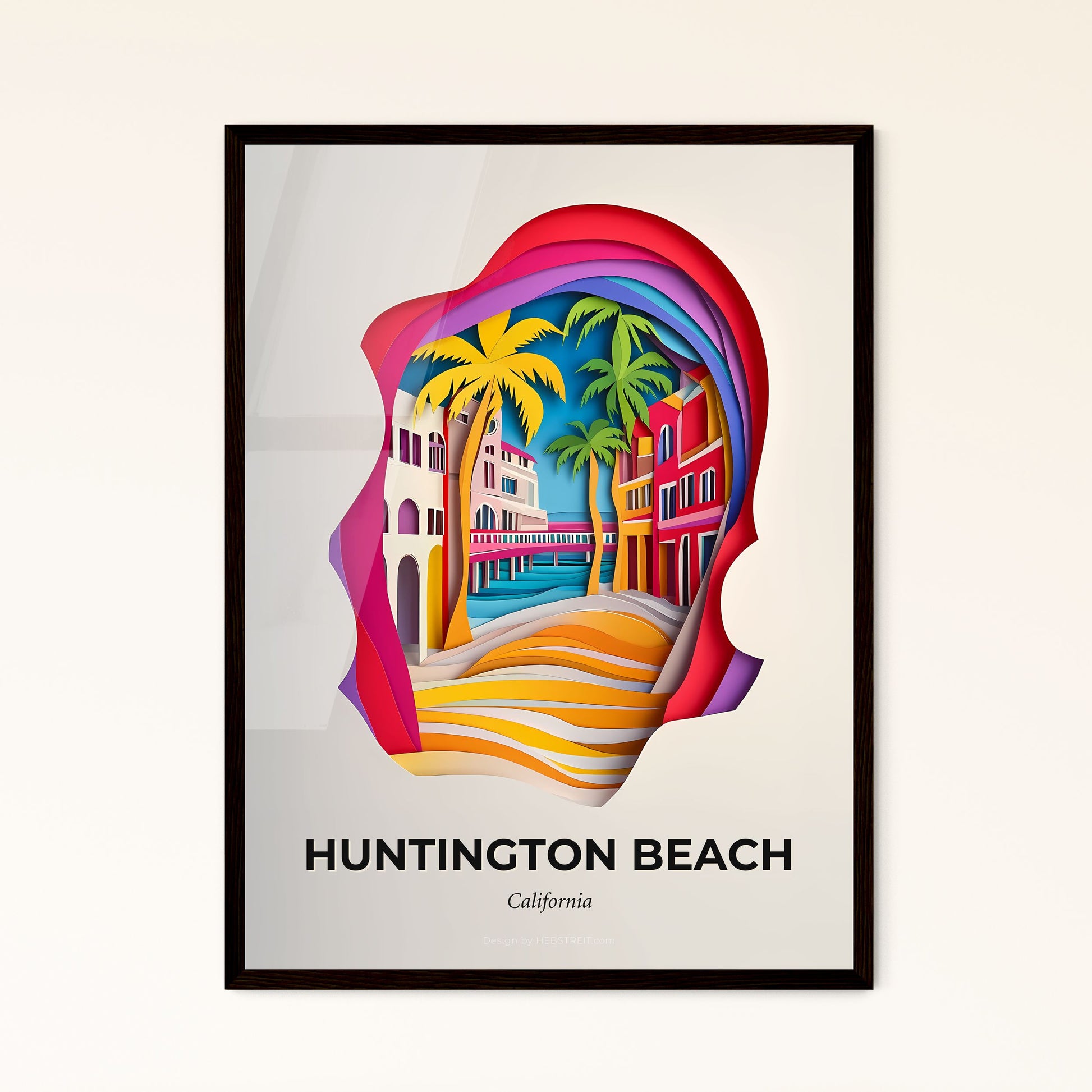 Vivid Huntington Beach, California - a paper cut of a beach scene with palm trees