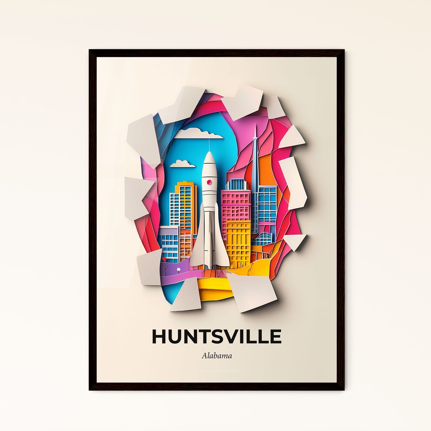 Vivid Huntsville, Alabama - a paper cut of a space shuttle in a city