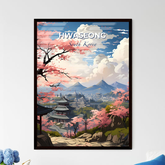 Vibrant Landscape Painting of Hwaseong Skyline, Featuring Pagoda, Mountains, and Pink Cherry Blossoms Default Title