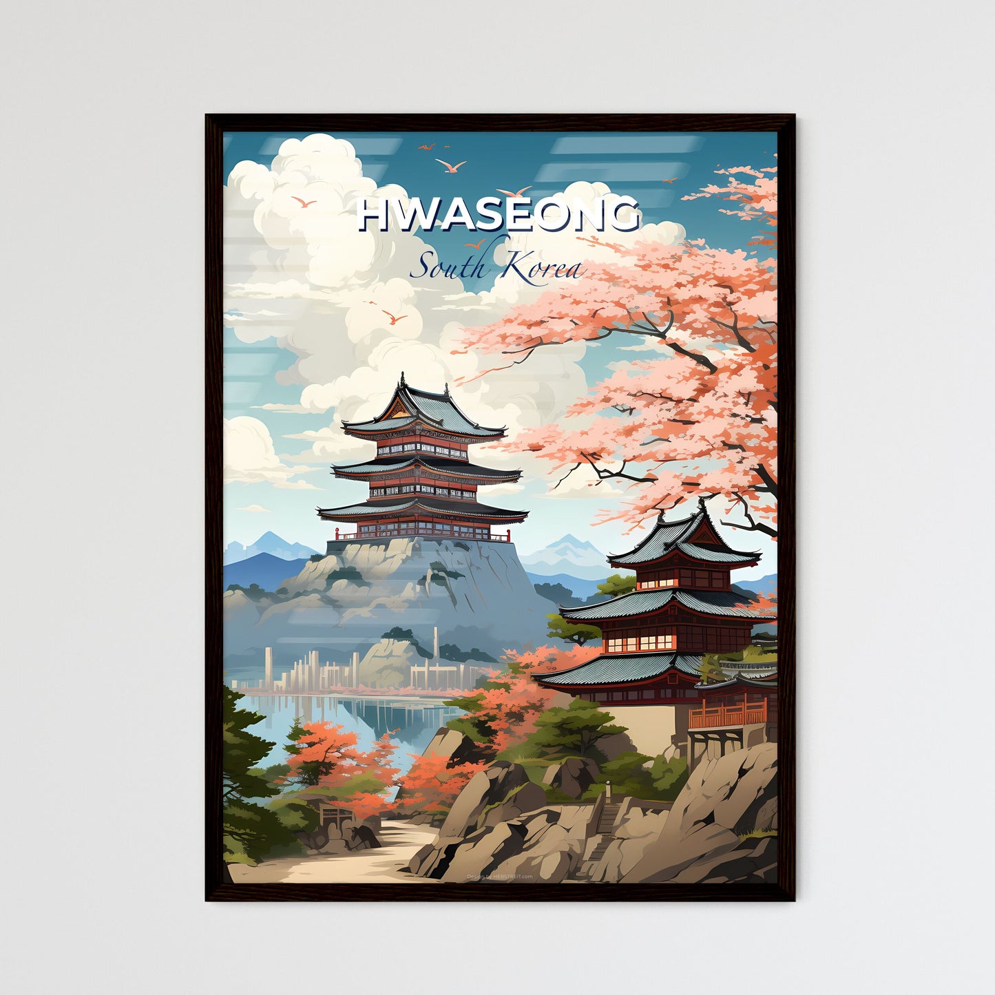 Hwaseong South Korea Skyline Artistic Pagoda Lake Painting Canvas Wall Art Default Title