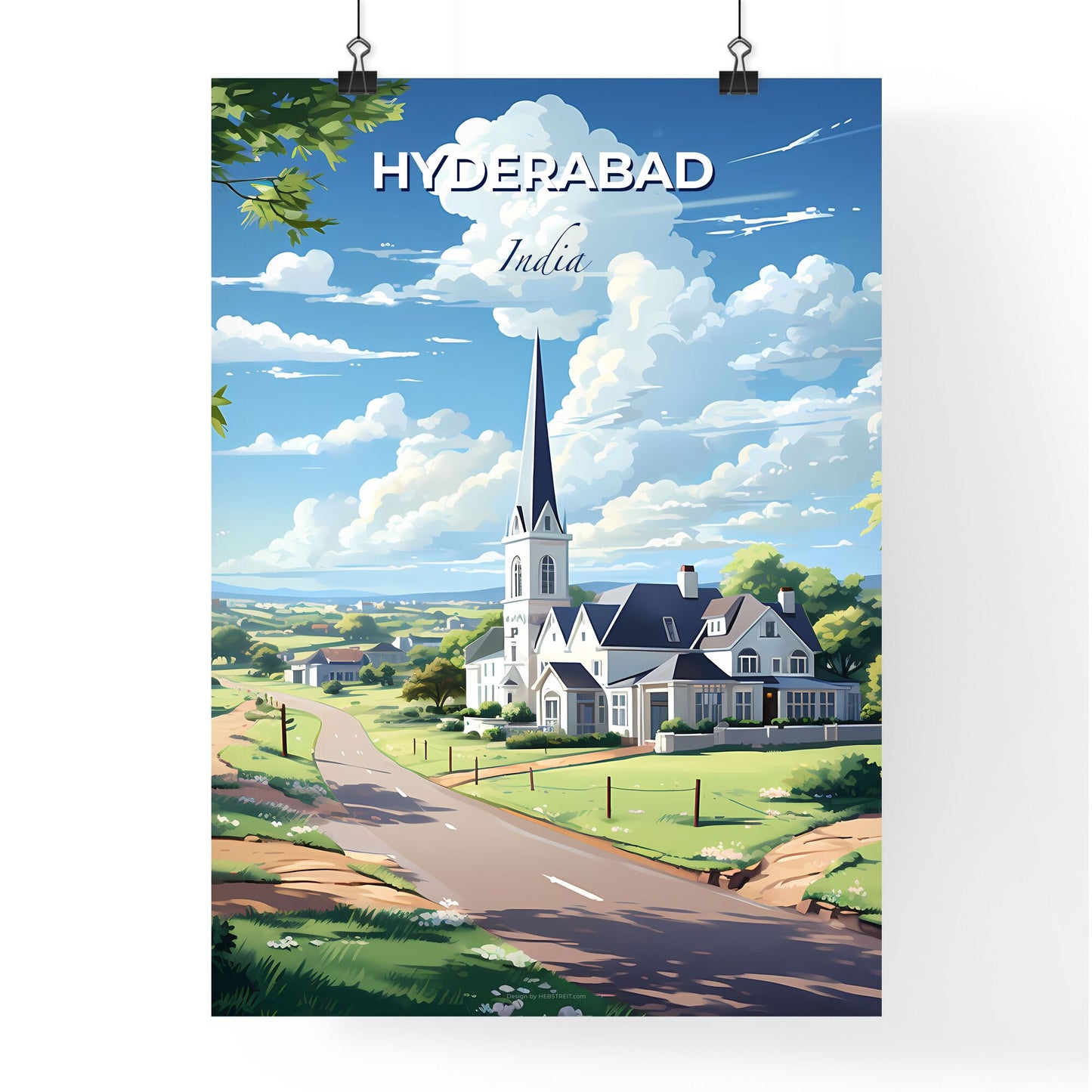 Vibrant Indian village church painting showcasing the beauty of Hyderabad skyline Default Title