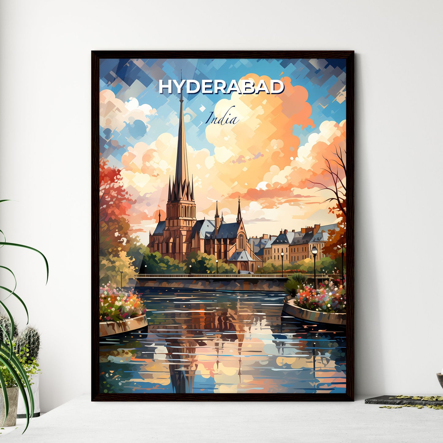 Vibrant Painting of Hyderabad India Skyline Featuring Church and River Art Default Title