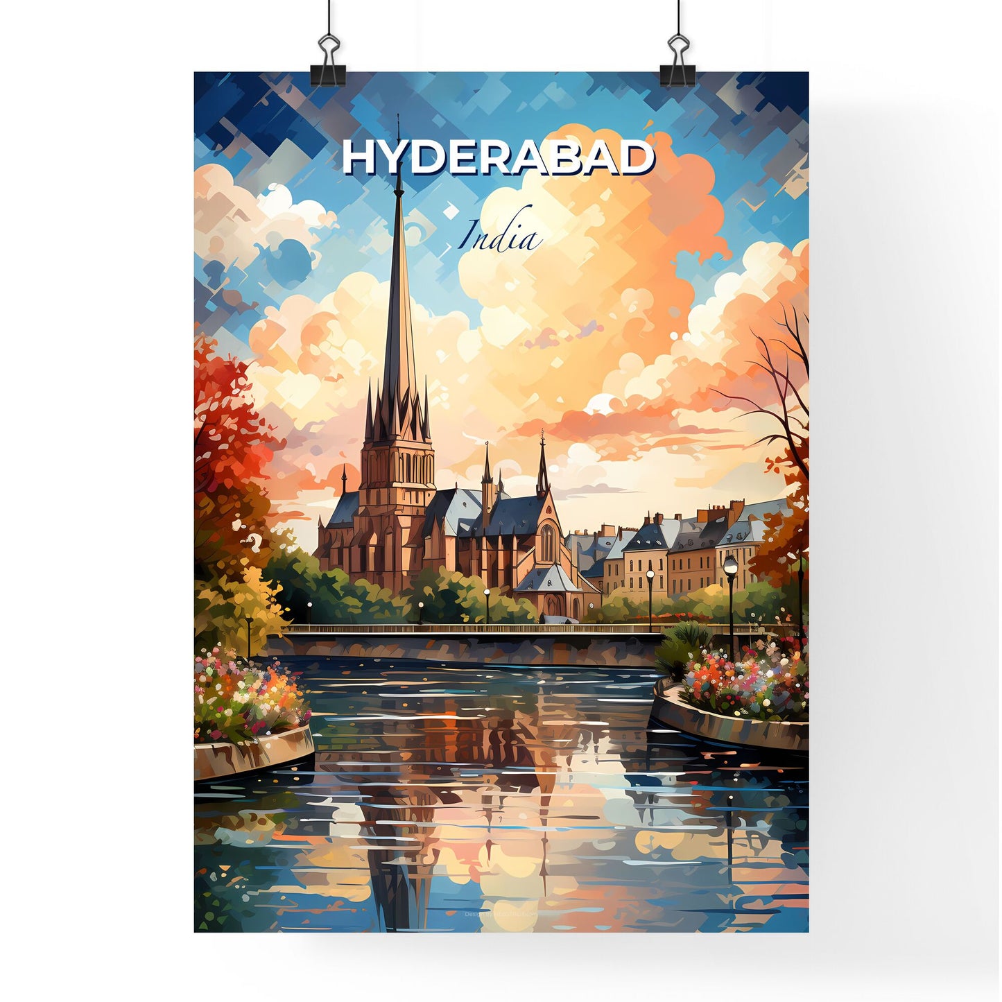 Vibrant Painting of Hyderabad India Skyline Featuring Church and River Art Default Title