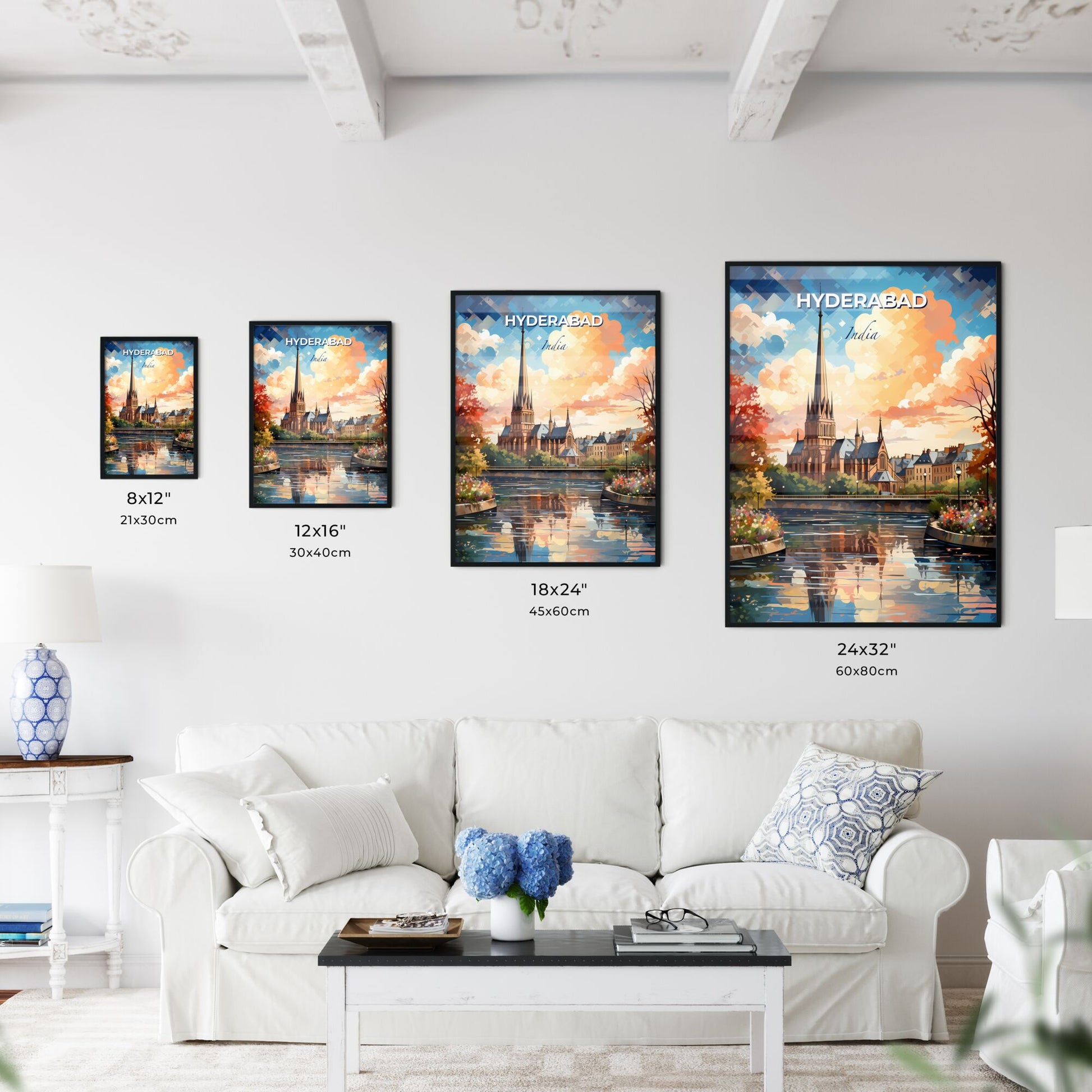 Vibrant Painting of Hyderabad India Skyline Featuring Church and River Art Default Title