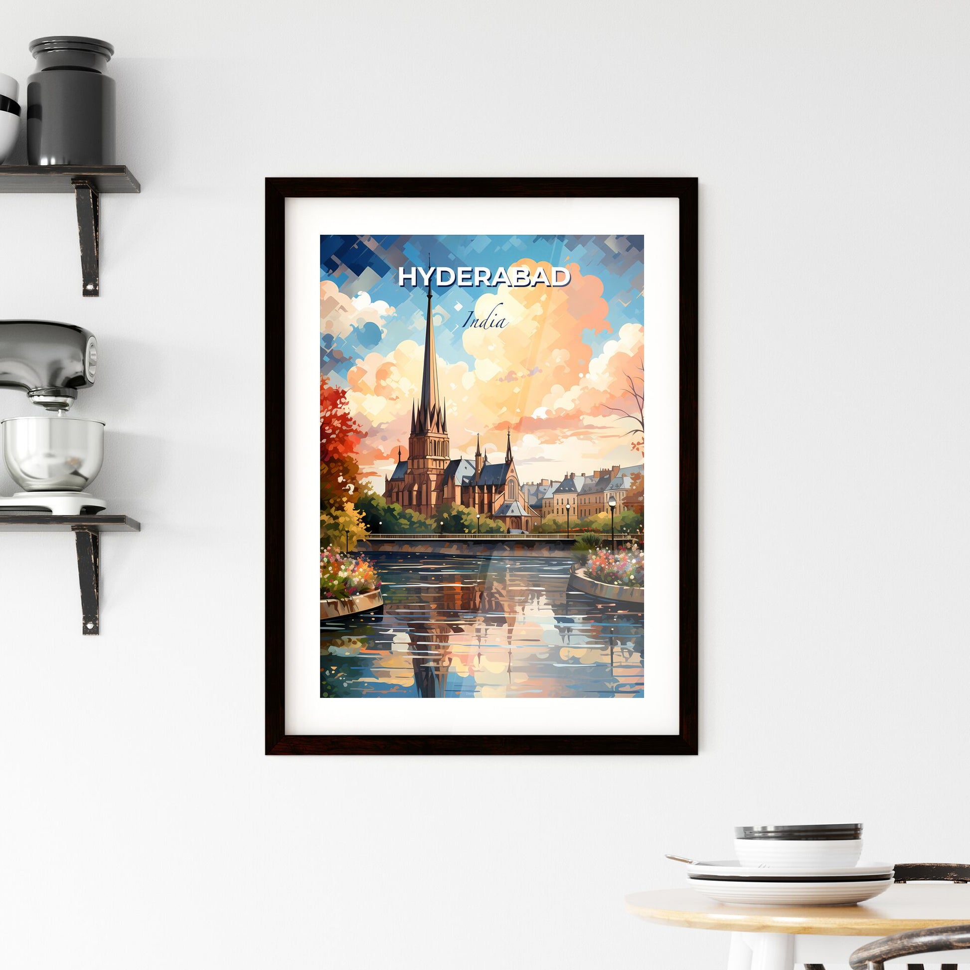 Vibrant Painting of Hyderabad India Skyline Featuring Church and River Art Default Title