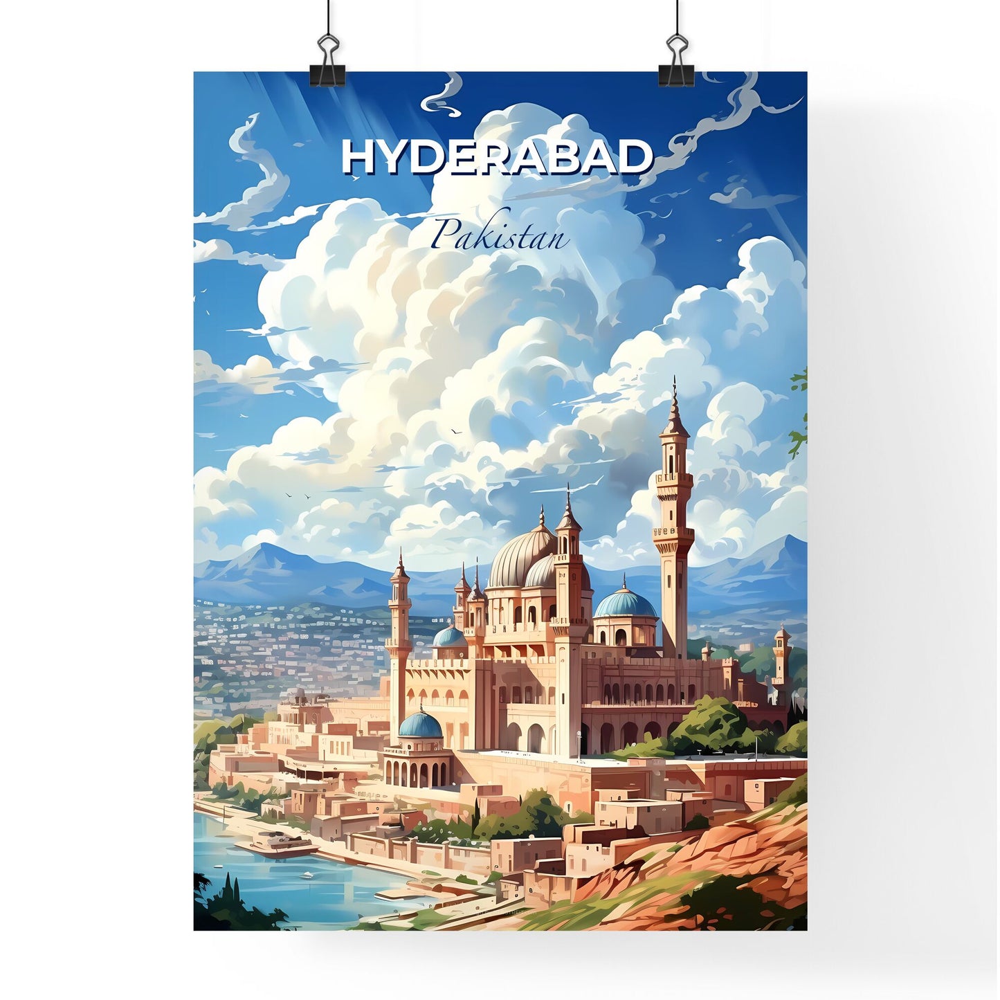 Vibrant Skyline Painting of Hyderabad Pakistan Architecture Featuring Towers and River Default Title