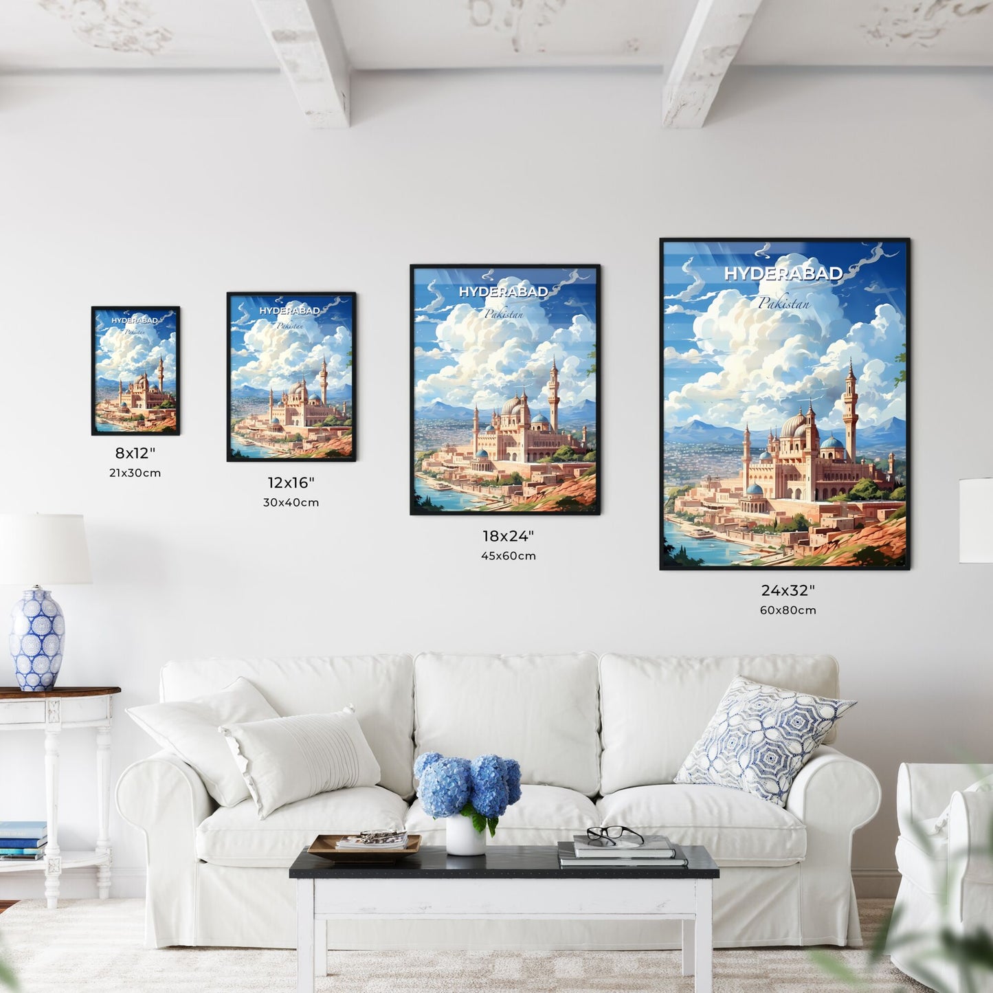 Vibrant Skyline Painting of Hyderabad Pakistan Architecture Featuring Towers and River Default Title