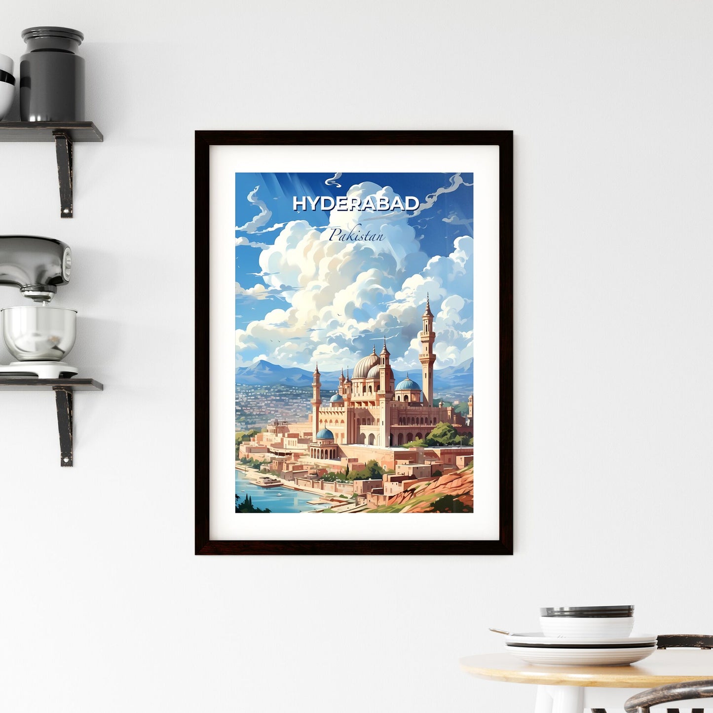 Vibrant Skyline Painting of Hyderabad Pakistan Architecture Featuring Towers and River Default Title