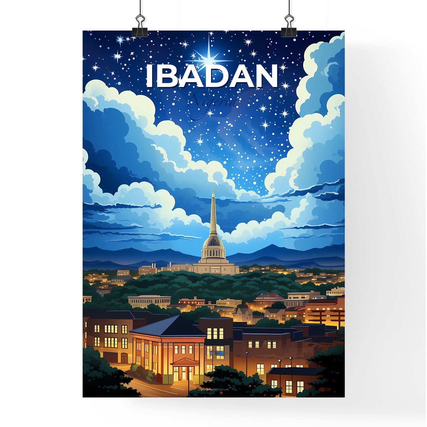 Vibrant Night Cityscape Painting: Ibadan Skyline Art Deco Sky Default Title