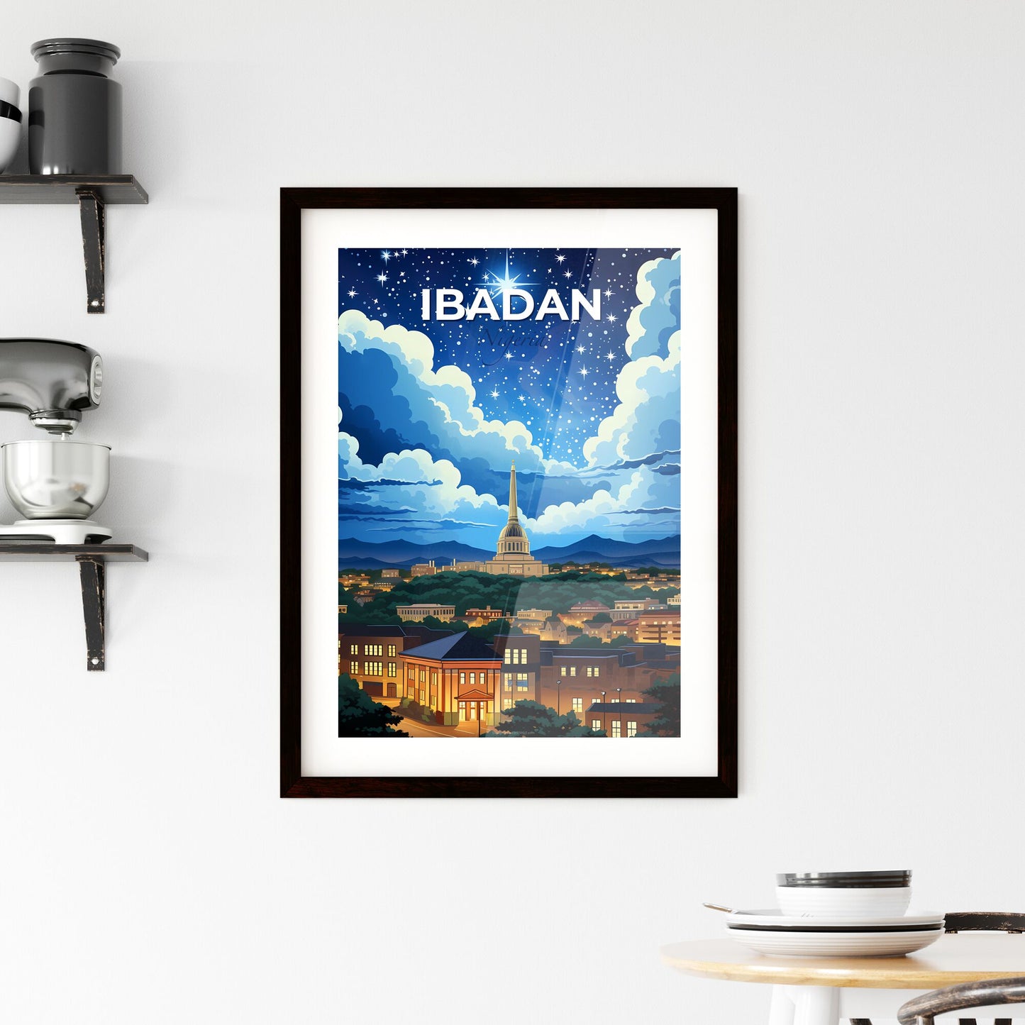 Vibrant Night Cityscape Painting: Ibadan Skyline Art Deco Sky Default Title