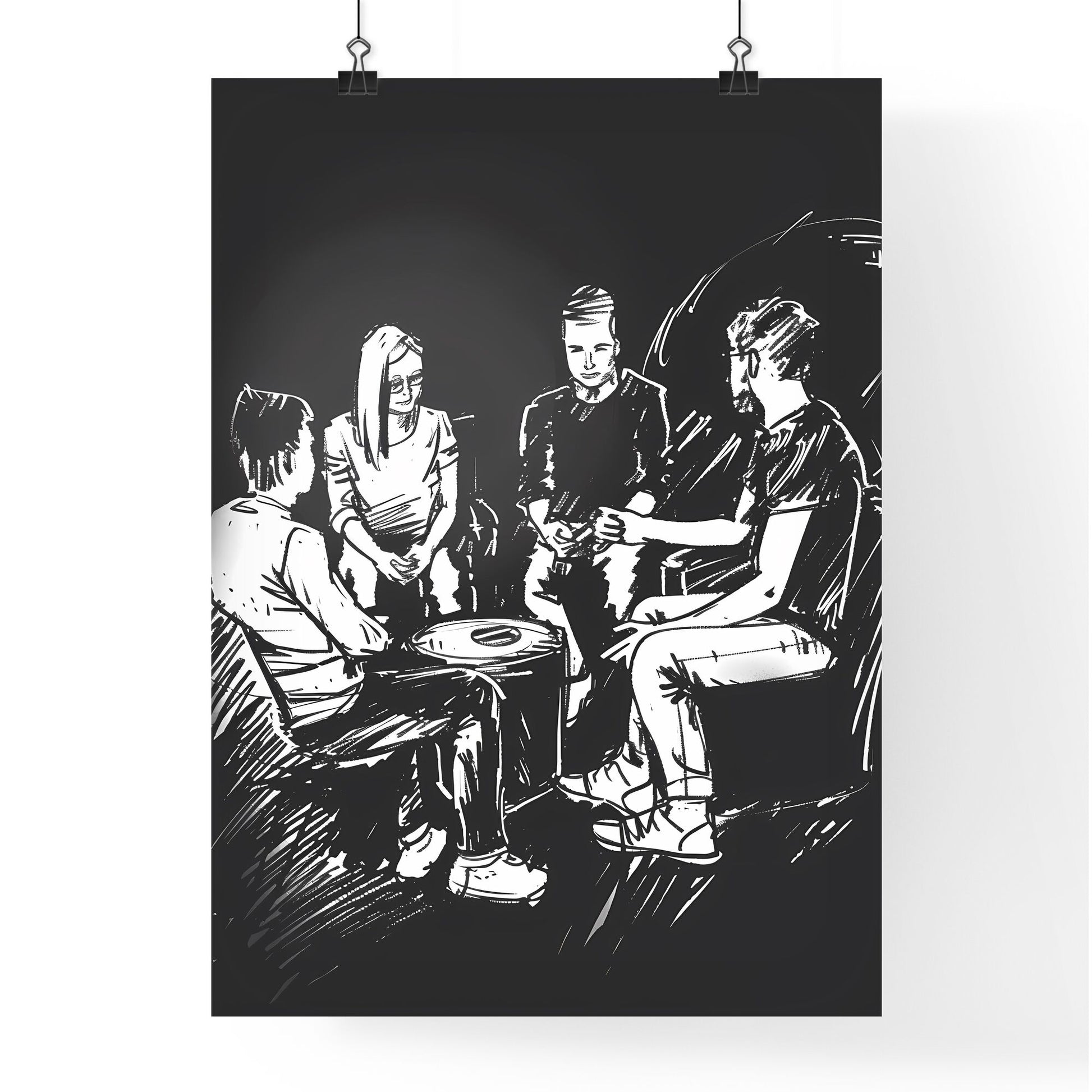 Black and white painting of a group of people sitting in chairs with a focus on the art aspect Default Title