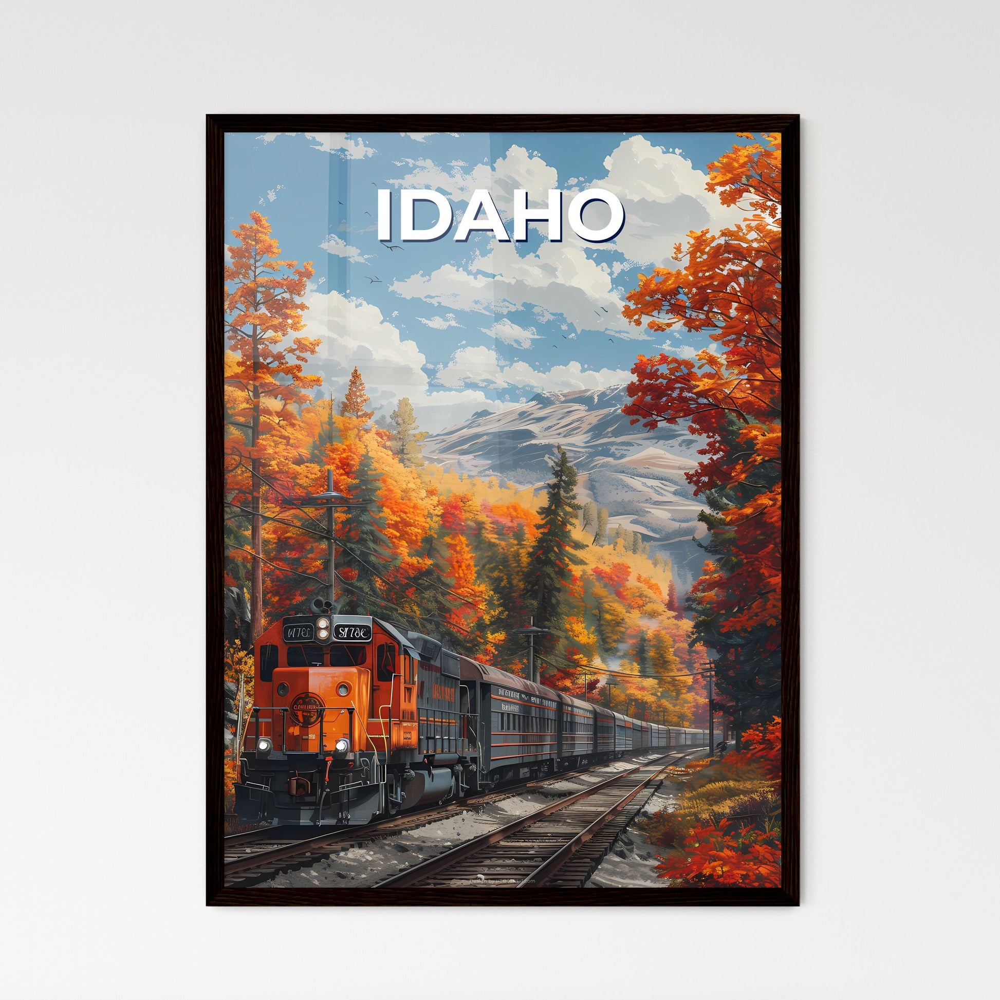 Colorful Train Art Print, Idaho, USA, Orange Trees, Painting, Vibrant, Art Deco
