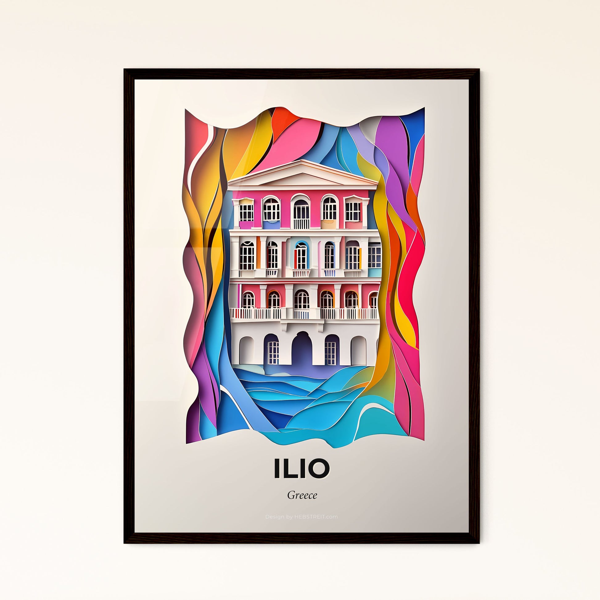 Vivid Ilio, Greece - a paper cut of a building with a rainbow wave