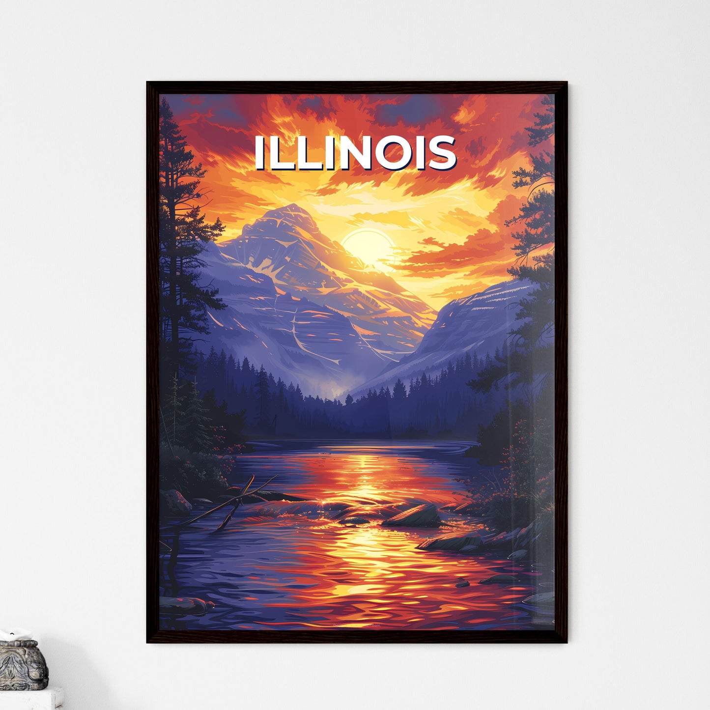Striking Sunset Canvas Painting: Mountain River in Illinois, USA