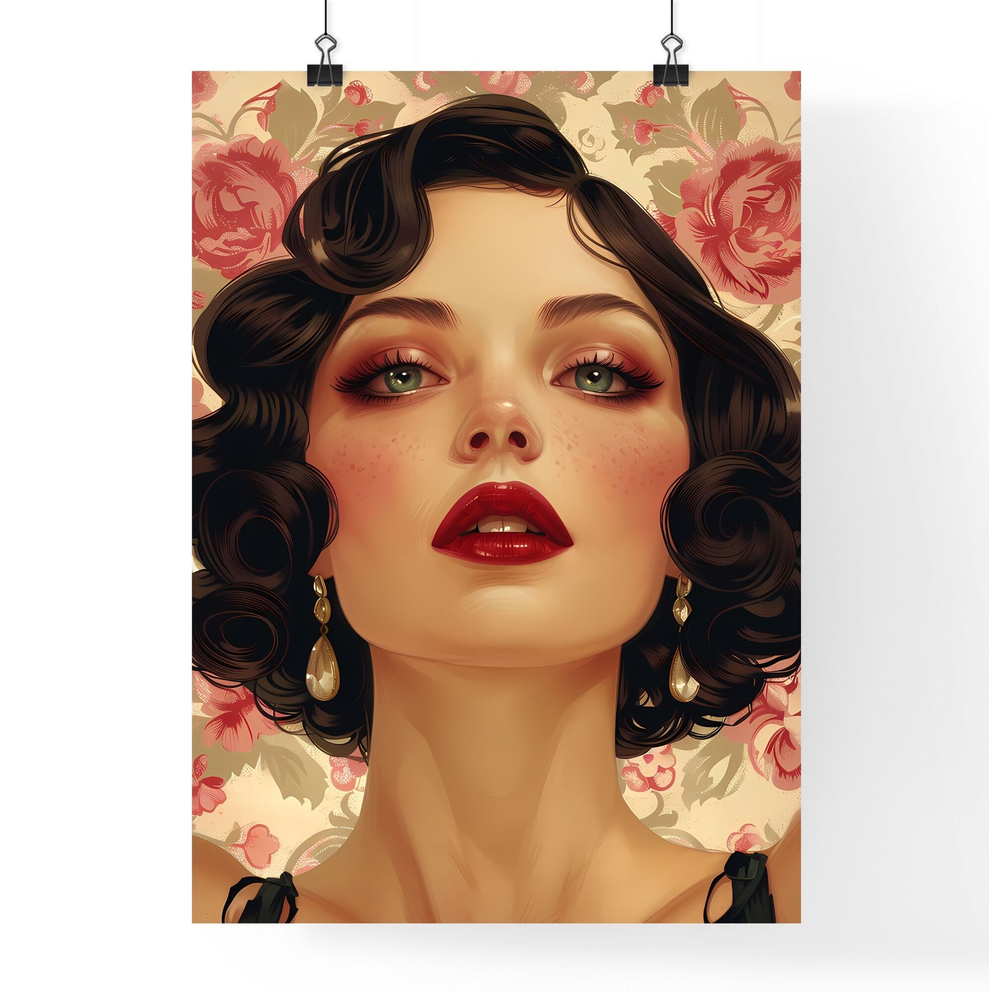 Art Deco Pin-Up Girl Portrait: Vintage Fashionable Starlet with Red Lipstick & Curly Hair Default Title