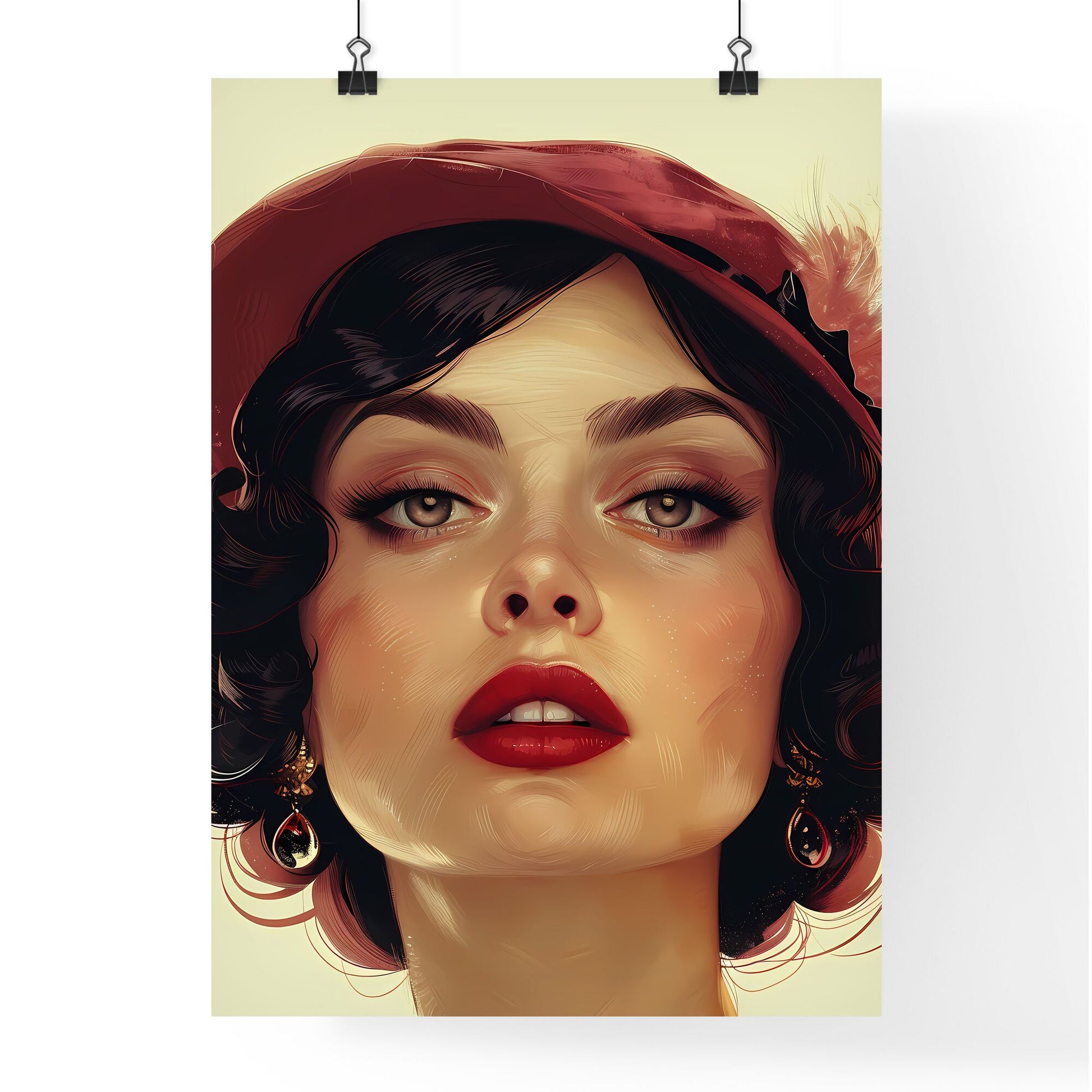 Vibrant 1930s Starlet Portrait, Red Hat, Art Deco Style Woman, Fashionable Movie Wall Art Default Title