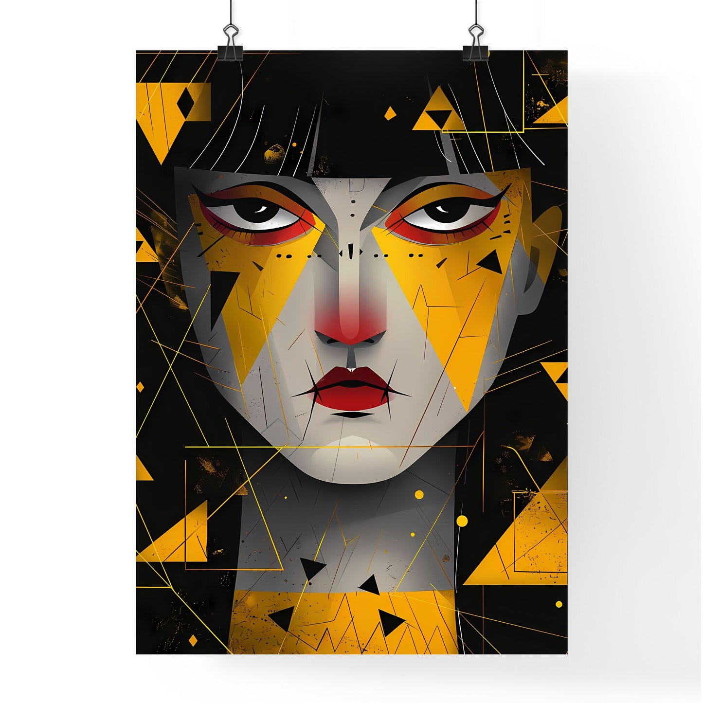 Boldly Illustrated Cartoon Caricature of a Woman with Black Hair and Yellow Triangles Default Title