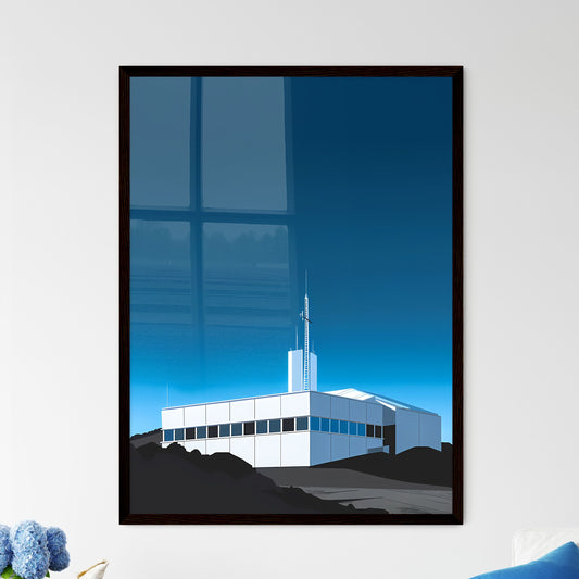 Vibrant Abstract Painting of a White Building with a Radio Tower and Cross on a Hill Framed Art