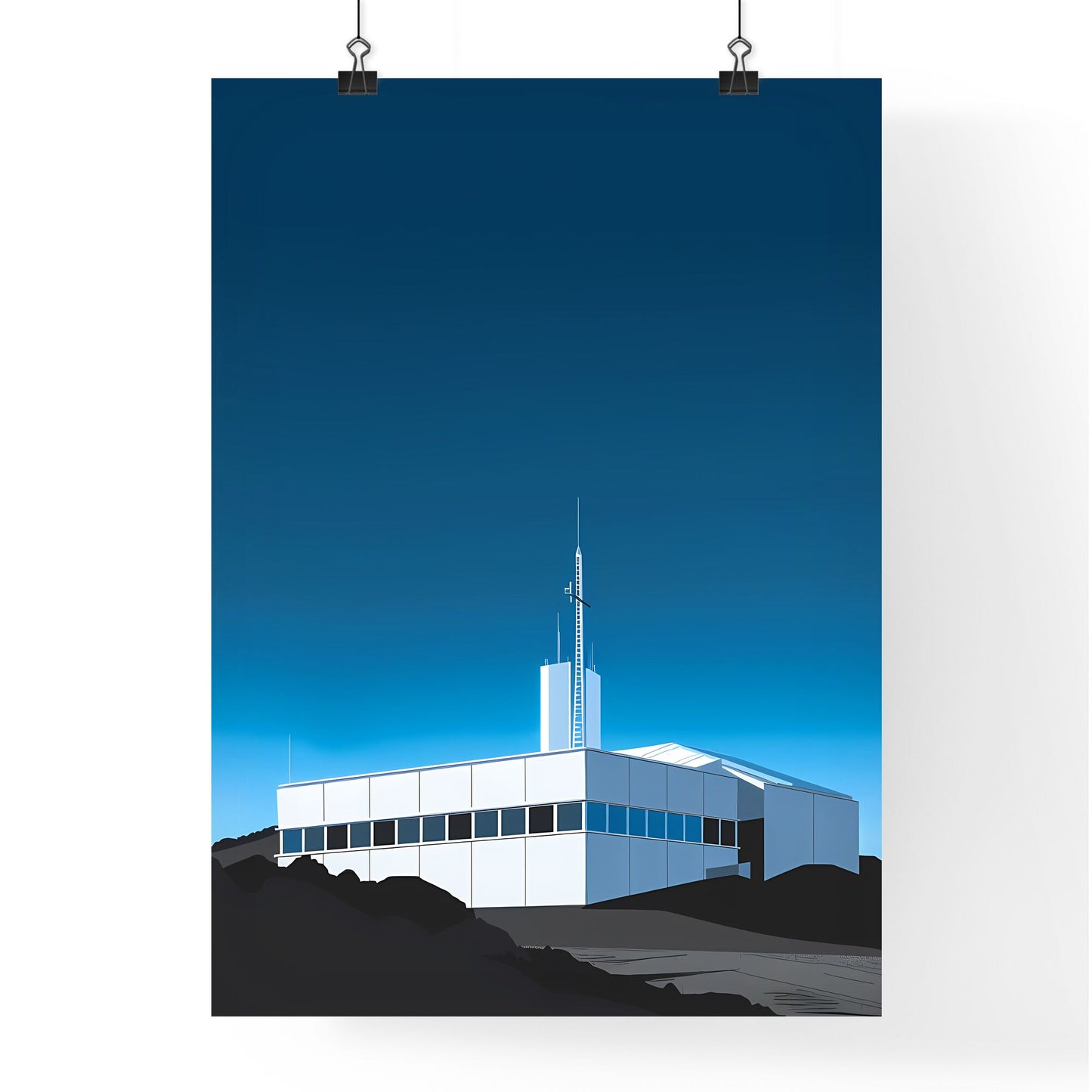 Vibrant Abstract Painting of a White Building with a Radio Tower and Cross on a Hill Default Title