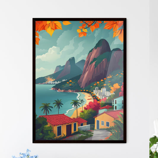 Vibrant Beach Painting: Minimalist Rio de Janeiro Landscape with Buildings and Mountains Framed Art