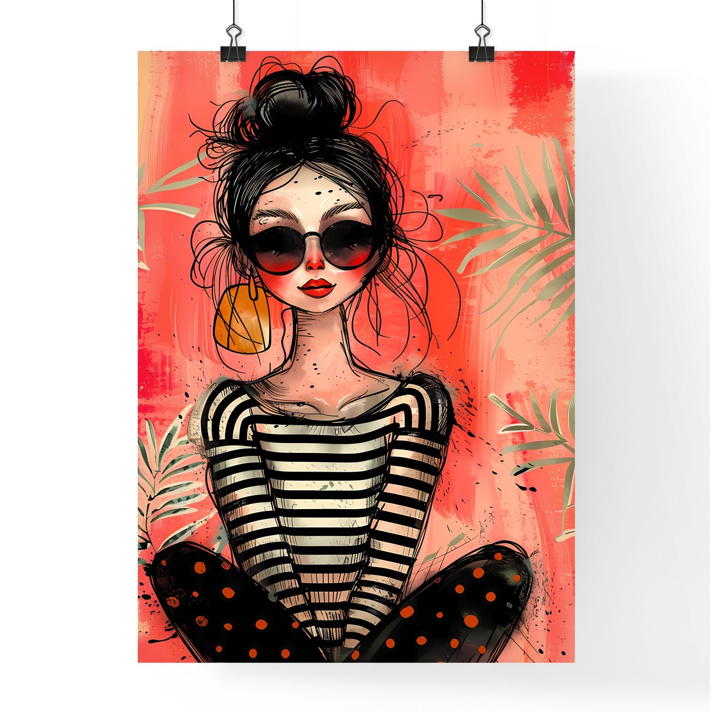 Vibrant Quirky Painting: Trendy Art Featuring Woman in Sunglasses and Striped Shirt Default Title