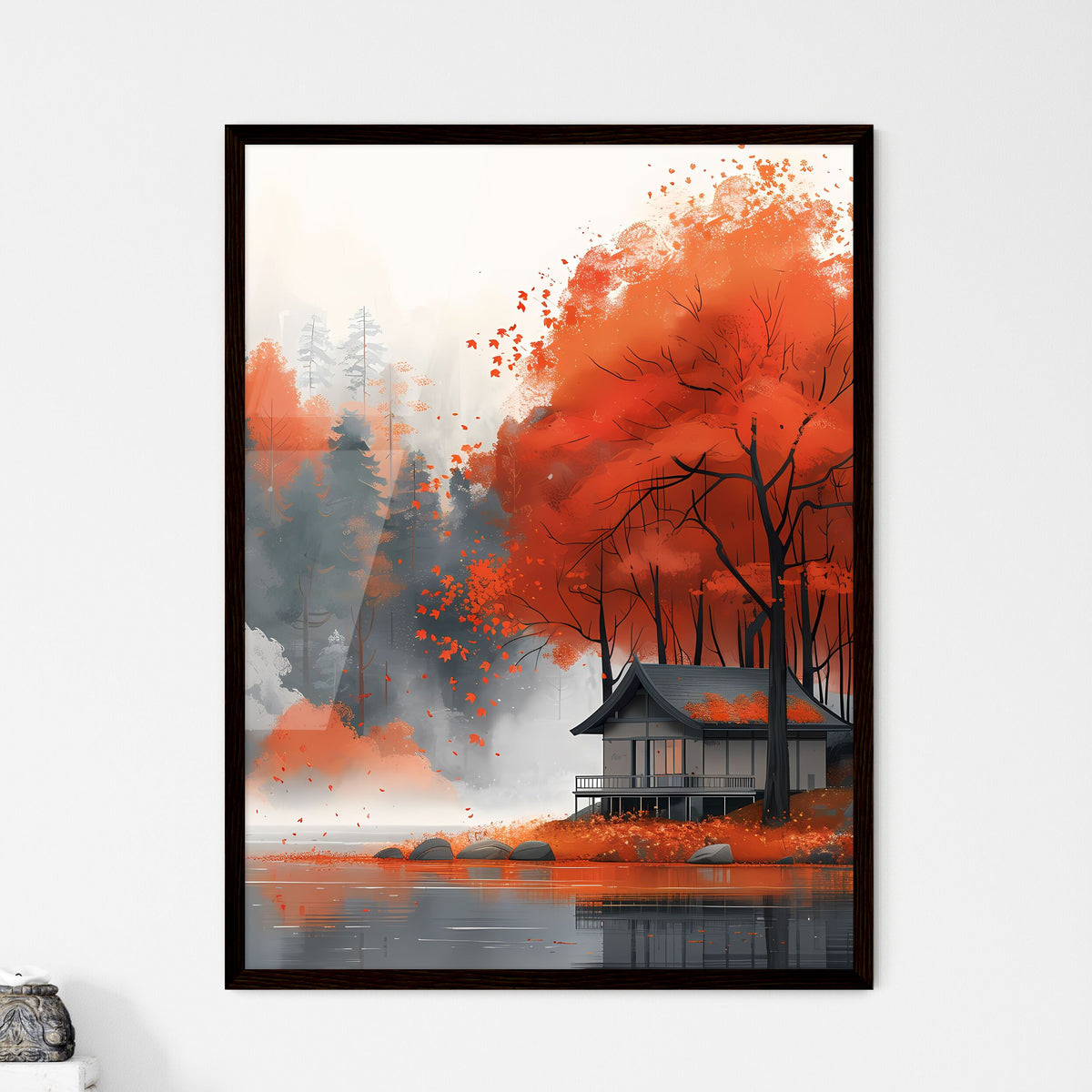 House on Hill with Vibrant Smoke Detail, Surrounded by Trees and Cycles, Clean Minimalist Painted Background Framed Art