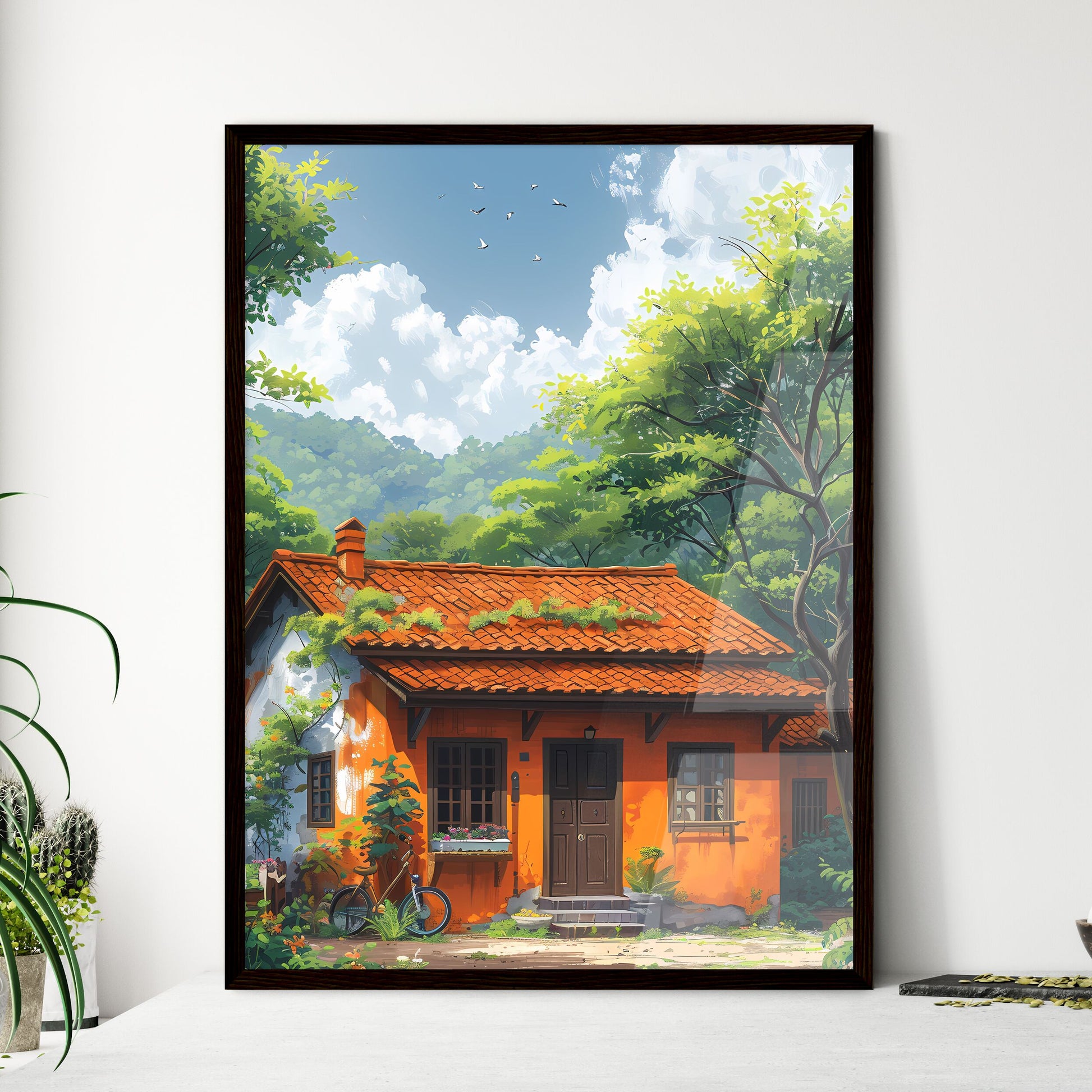 Vibrant Art Painting: House with Trees, Buildings, Roads, Kiosks, Cycles, Clean Background, Simplicity Framed Art