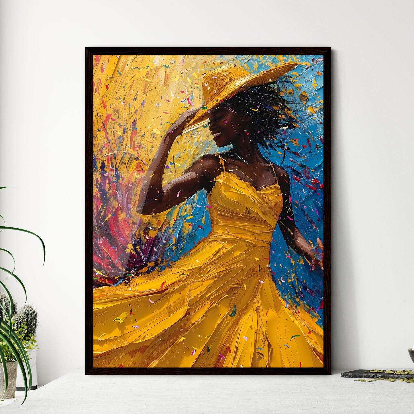 Immerse Yourself in the Painted Carnival: Vibrant Brazilian Woman Dancing in Yellow Dress and Hat Default Title