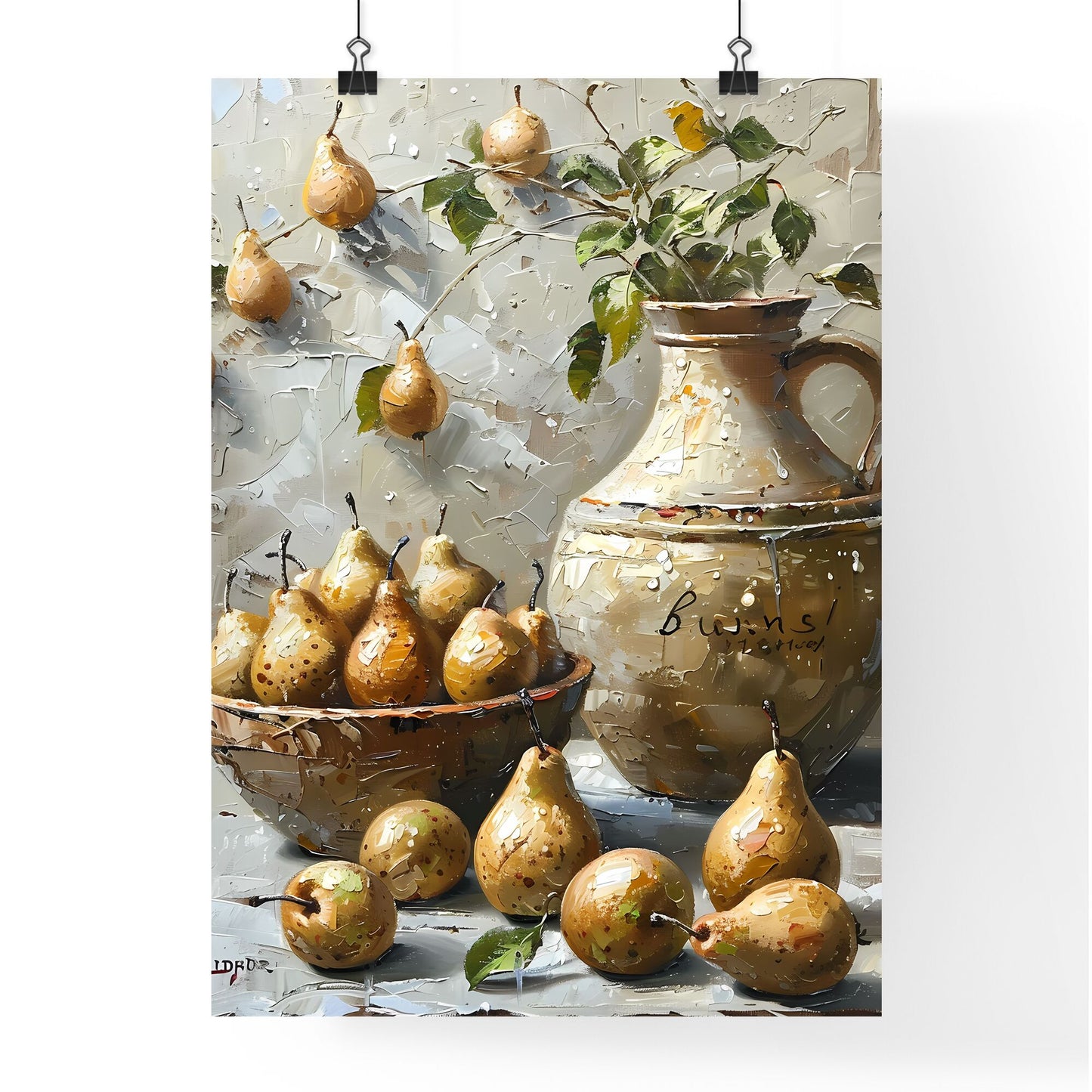 Impressionistic Pears on Counter in Rustic Bowl, Muted Colors, Dynamic Composition, Oil Painting Art Default Title