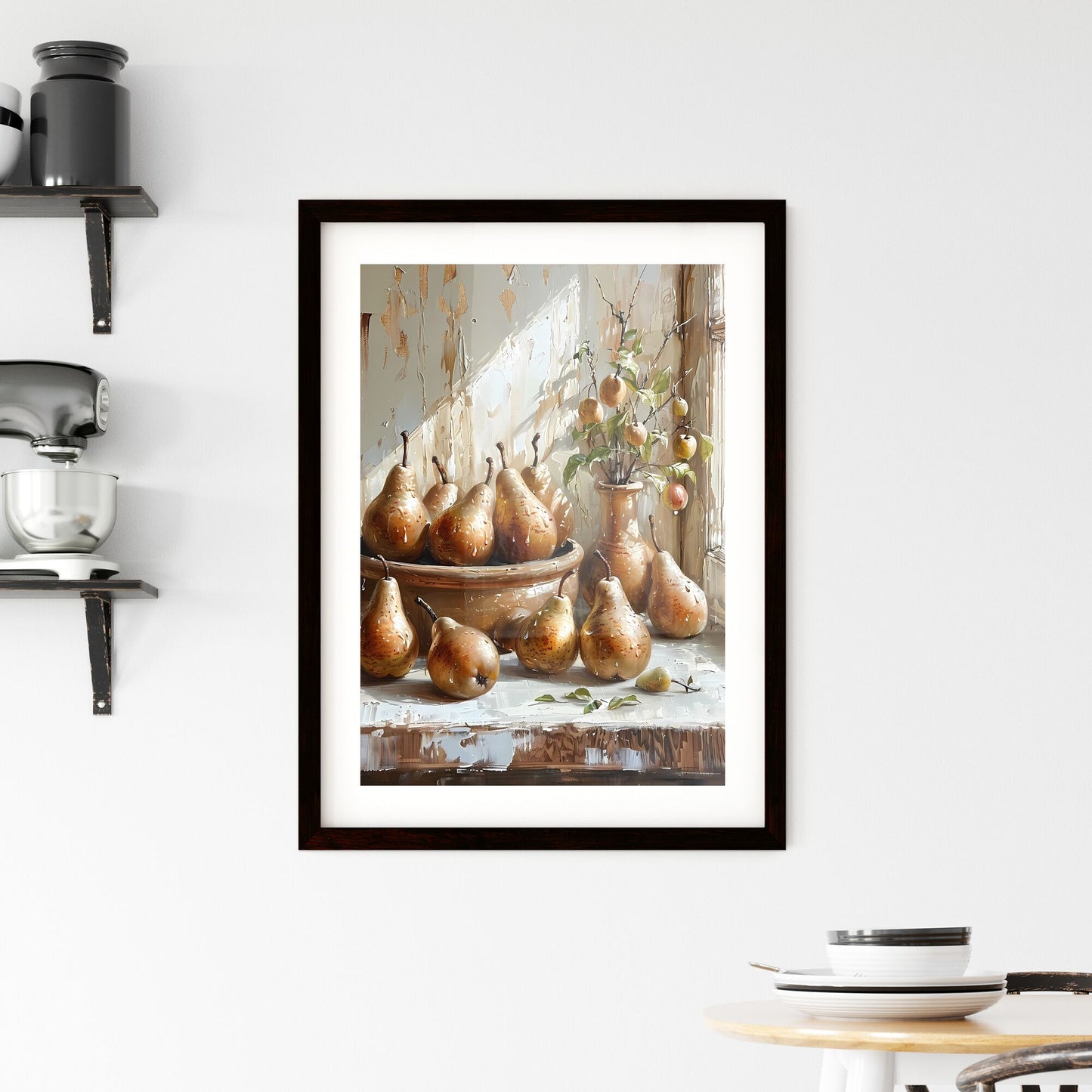 Impressionist Art Oil Painting of Pears on Kitchen Countertop in Rustic Clay Bowl with Neutral Colors and White Background Default Title